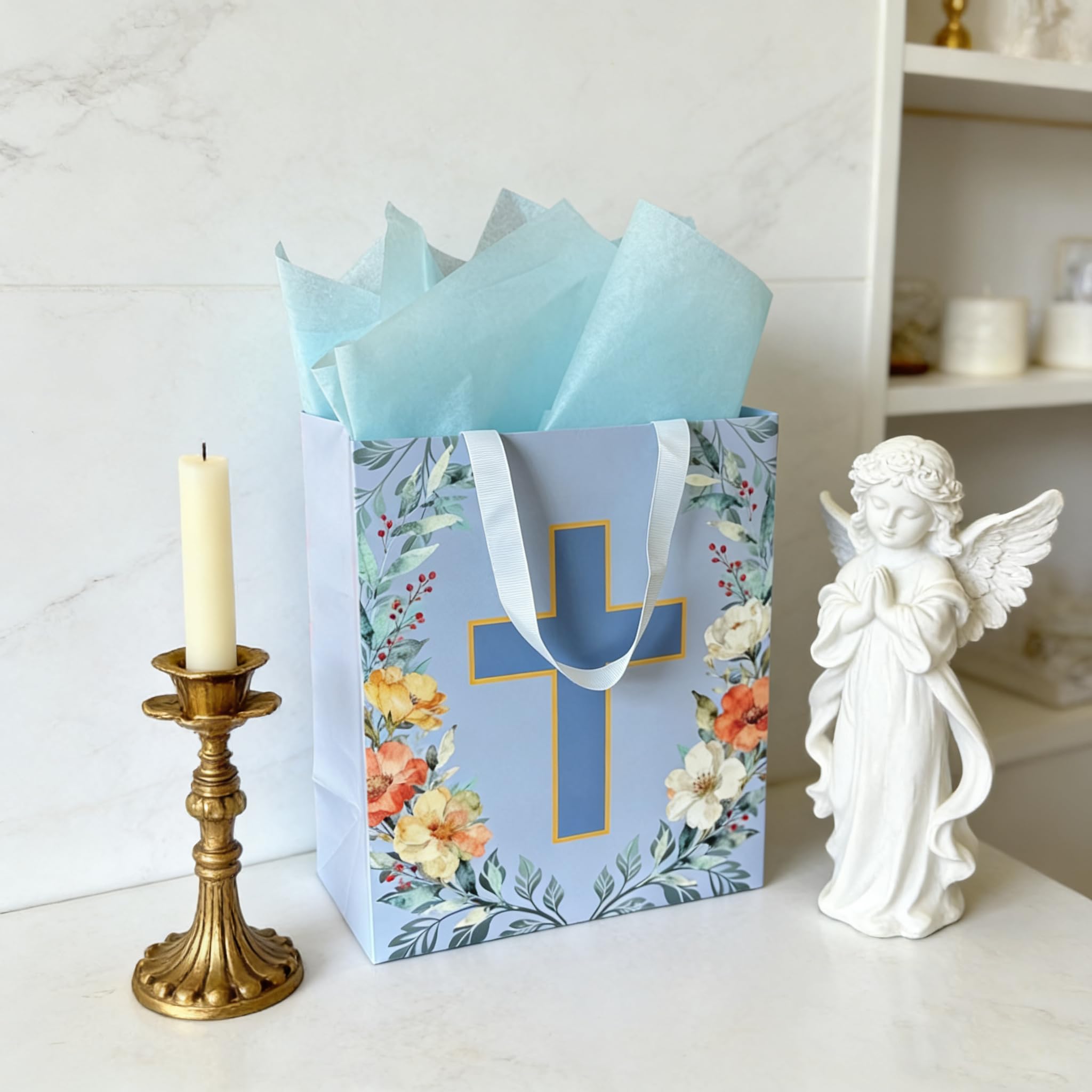 Noyi Traxd Large Blue Baptism Gift Bag - 10" x 5" x 11.8", with Cross Design, First Communion Card and Tissue Paper for Baby Boy Baptisms, Christenings and First Communions Religious Occasion
