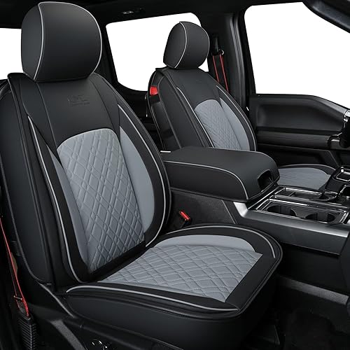 LUCKYMAN CLUB Juego completo de fundas de asiento F150 Q7, para Ford F150 2015-2023 y F250 F350 F450 2017-2023 (juego completo, negro-gris)