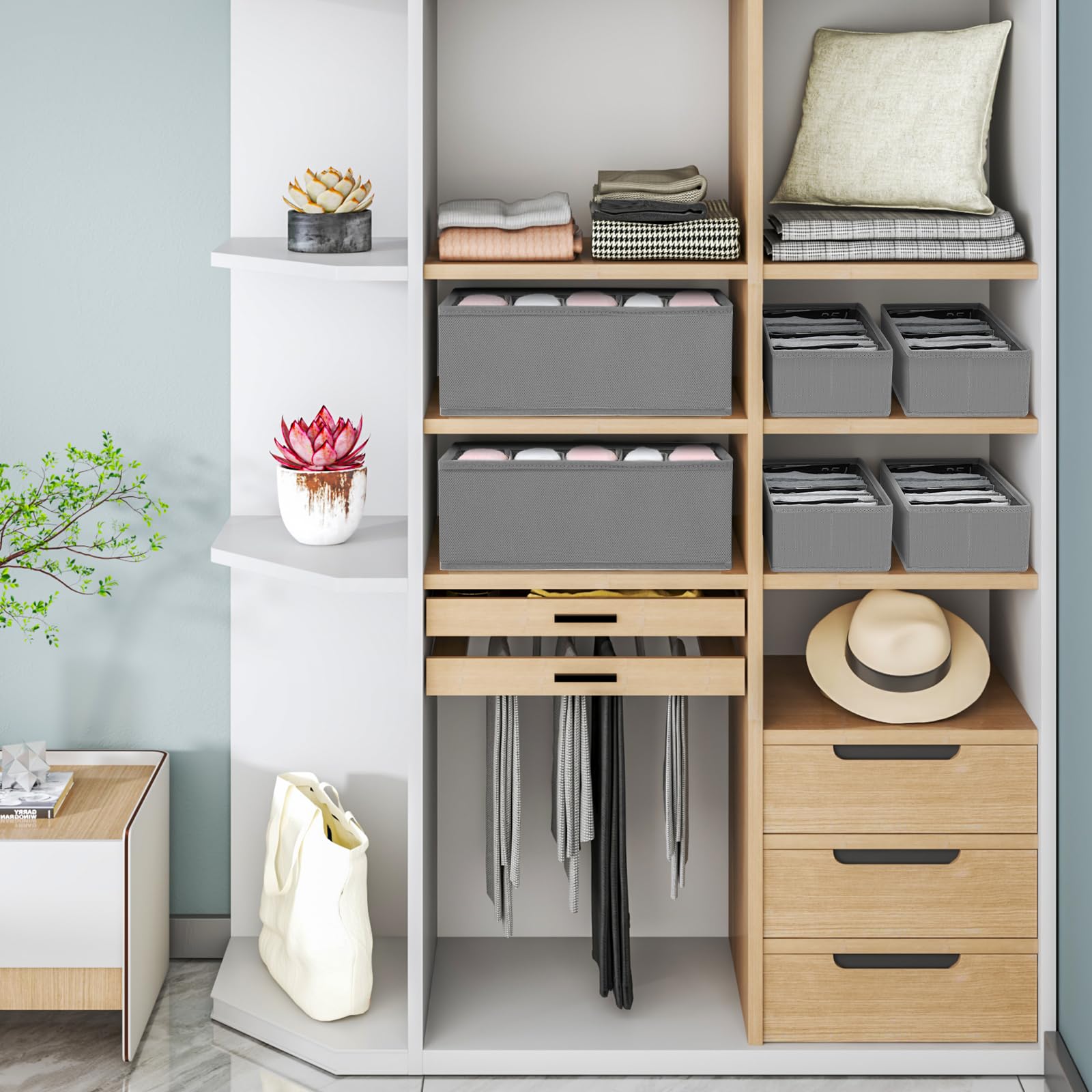 Homsorout Organizer do szuflad, szafa na ubrania – zestaw 2 organizerów do szafy, materiał 30 x 15 x 9 cm, organizer na bieliznę, skarpetki, ubrania dla niemowląt, ciemnoszary