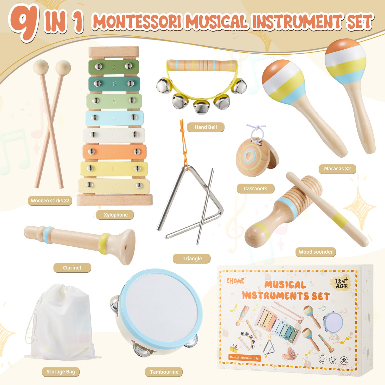 Juego de instrumentos musicales para bebés, juguetes de música de madera Montessori para niños pequeños de 3, 4, 5 años, kit de música de percusión de color neutro con tambor, xilófono, bolsa de 2