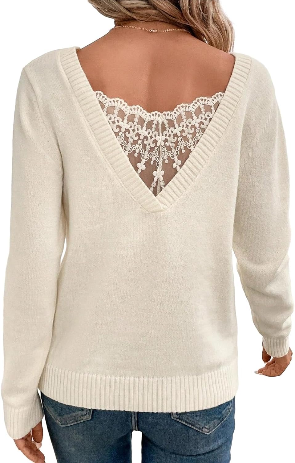 SOLY HUX Women’s V Neck Sweaters Lace Back Pullover Sweater Long Sleeve Knit Tops