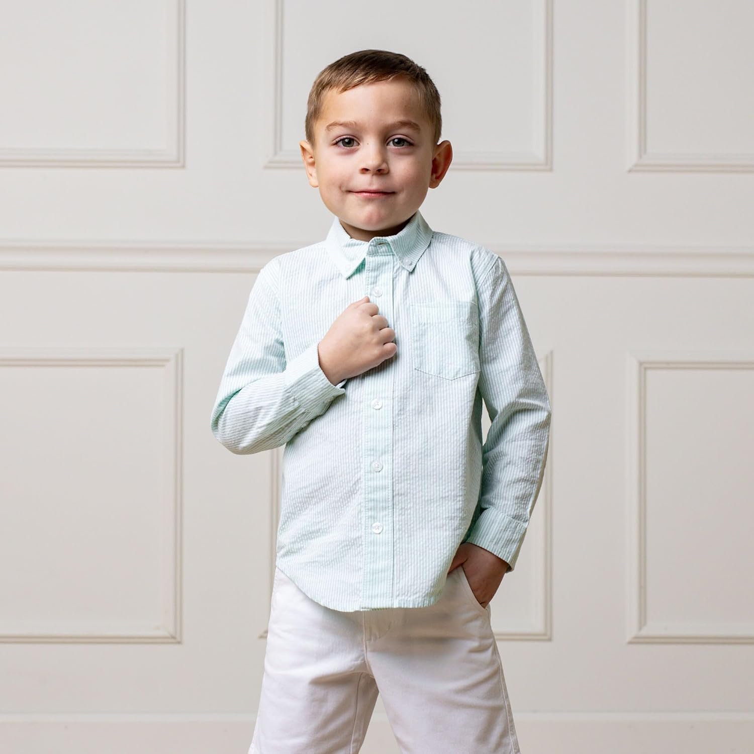 Hope & Henry Boys Boys' Organic Long Sleeve Seersucker Button Down Shirt, Small, Mint Seersucker - Image 6