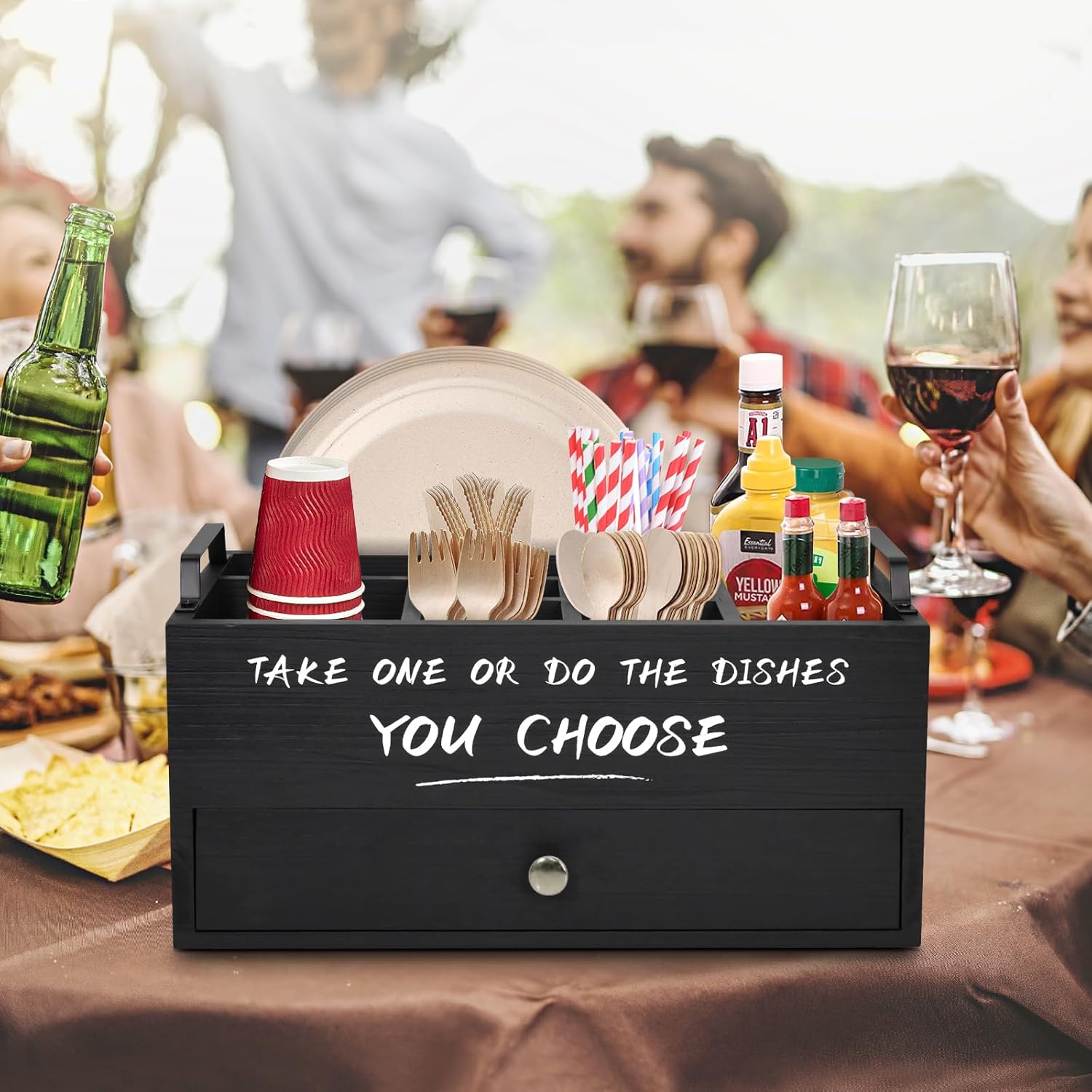 Paper Plate Dispenser with Drawer for Kitchen Countertop, Wooden Paper Plate Holder with Large Cup Holder, Rustic Wood Silverware Caddy Holder, Paper Plate Organizer Kitchen Accessories(Black-Drawer)