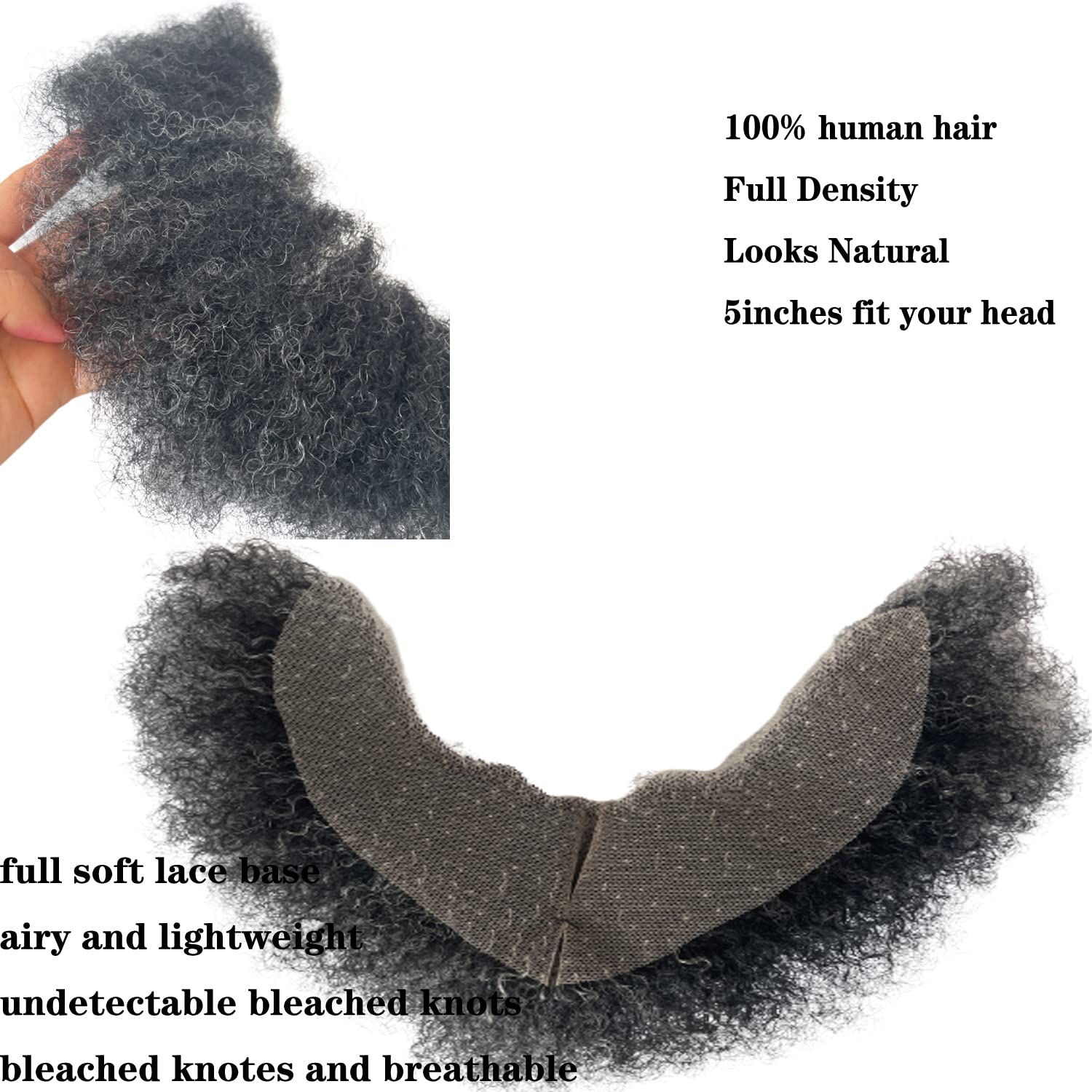 Human Hair Afro Curl Face Beard Mustache for American Black Men Realistic Makeup Lace Base Replace System 12 * 3Inch (1B Mixed 20% Grey Color)