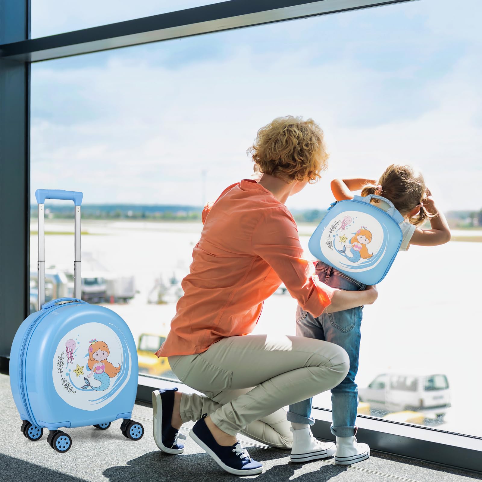 RELAX4LIFE Juego de Maleta Infantil para Niños de 4 Piezas, Maleta de 35,5 cm y Mochila de 25 cm con Cojín para El Cuello y Etiqueta de Nombre, Maleta Niños con Ruedas (Azul)