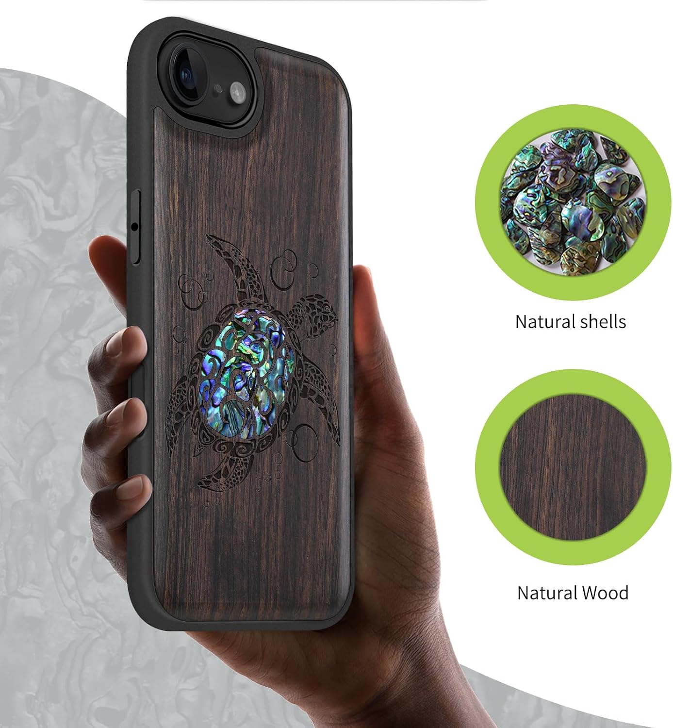 Carveit Magnetic Wooden Case for iPhone 16e / 17e, Wood Artisan Engraved & Handmade Shell Inlaid, TPU Shockproof Cover, Compatible with MagSafe Wireless Chargers, Sea Turtle - Blackwood