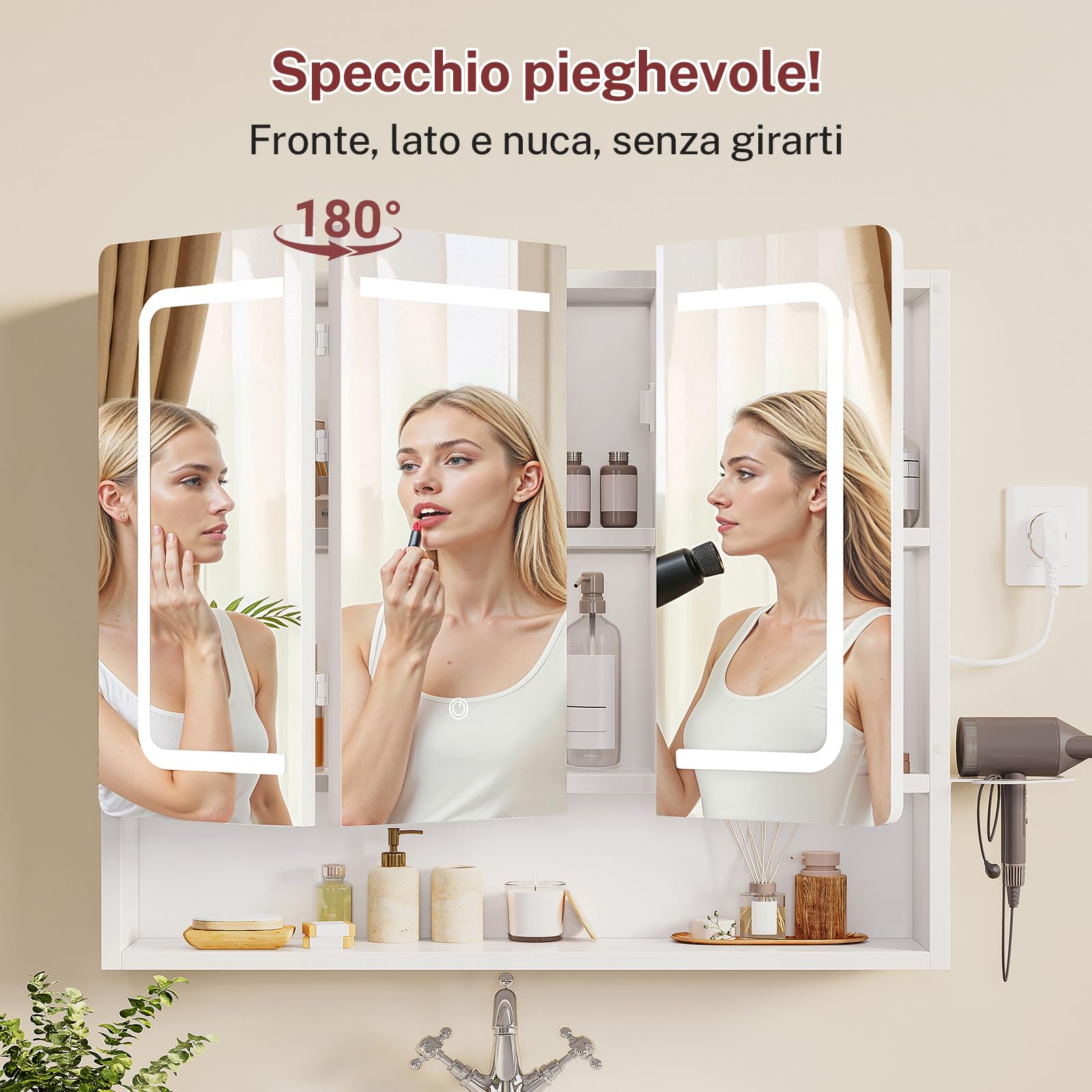 TEENFON Specchio Bagno Contenitore con Luce LED e Presa Elettrica, Mobile Bagno a Specchio con 3 Ante e Gancio Asciugacapelli, 3 Temperature di Luce Dimmerabili a Touch, Ripiani Regolabili, Bianco