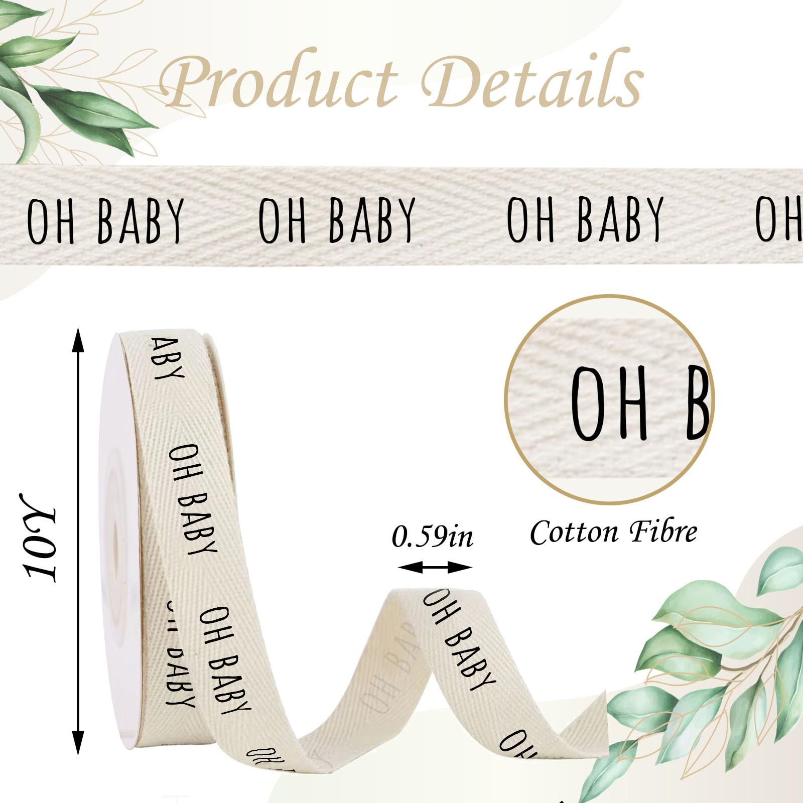 Oh Baby - Cinta de sarga de algodón, 5/8 pulgadas x 10 yardas, cintas de espiga de algodón natural para cumpleaños, aniversarios, manualidades, hornear, costura, manualidades, decoración del
