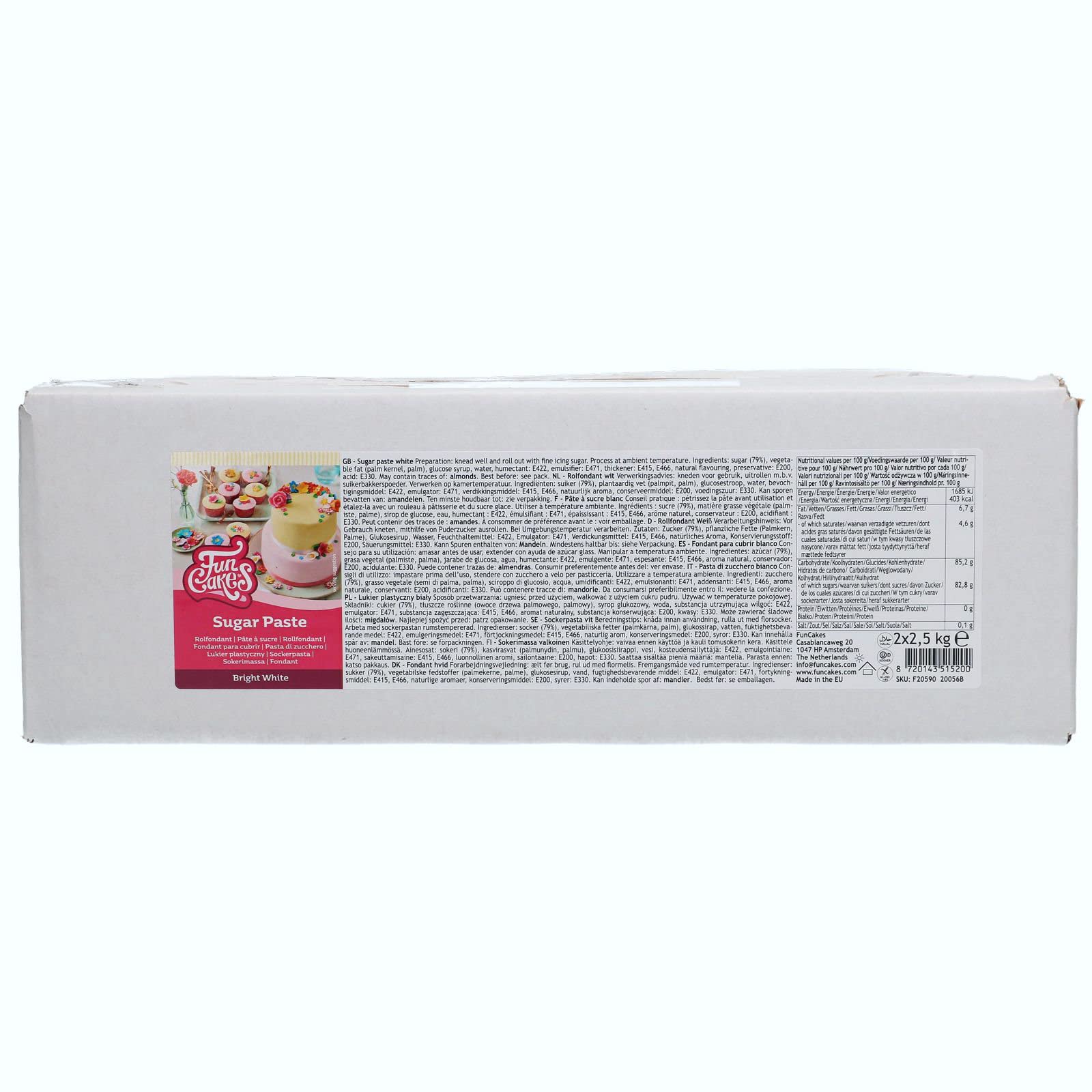 AOS Set | Funcakes Fondant 5kg (2x2,5kg) Weiß + 1x Funcakes Magic Roll-Out Powder 225g (Ausrollpuder) | Hochwertig | Vorteilspack | Einfach zu Verwenden | Flexibel | Perfekt zum Dekorieren von Torten