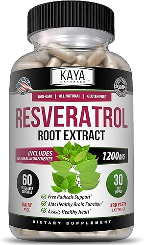 Kaya Naturals - Cápsulas de resveratrol - Suplemento antienvejecimiento - Antioxidantes con apoyo cerebral - Beneficios máximos - 60 cápsulas
