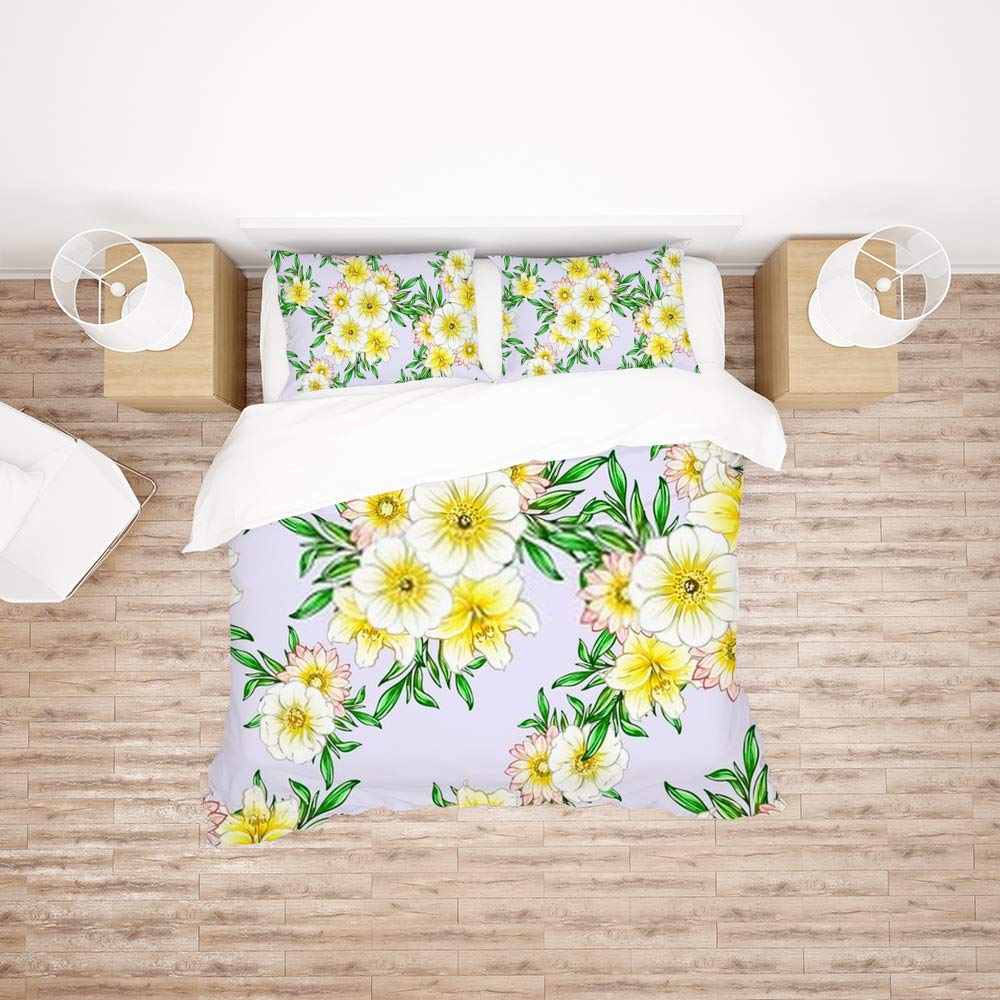 Housse de couette fleurs King en polyester infroissable pour lit toutes saisons