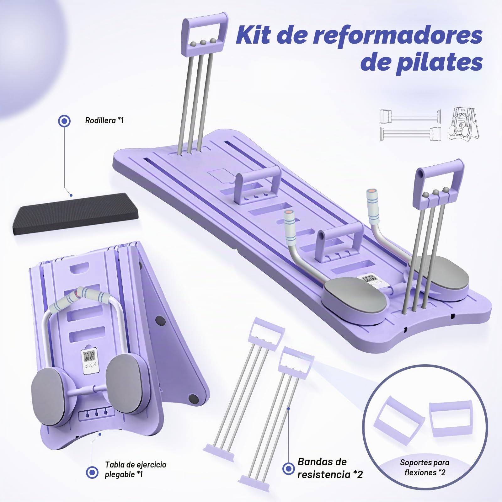 Pilates Reformer, Pilates Board Plegable, Reformer Pilates Maquina Multifuncional, Tabla Pilates con Entrenamiento Abdominal, Rebote Automático y Cuerda de Tensión para Gimnasio en Casa