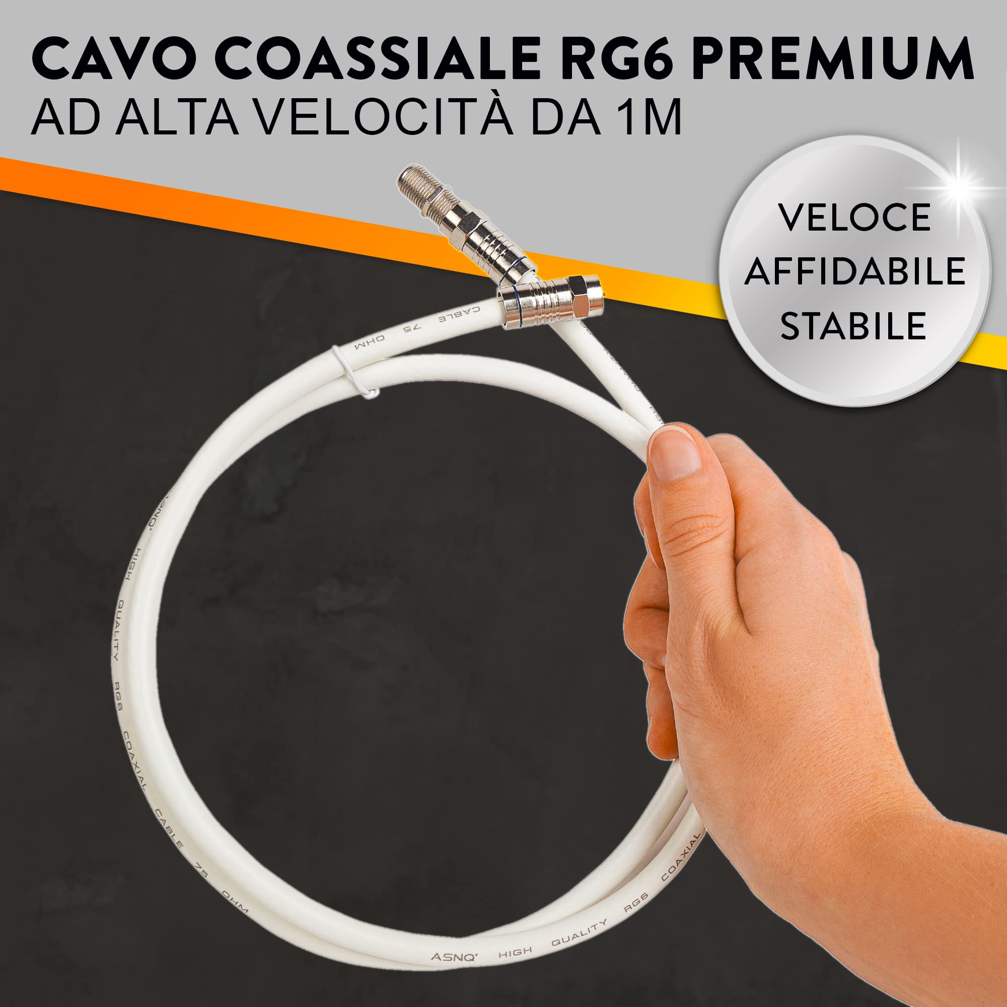 ASNQ Cavo Antenna TV 1 metri RG6 75 OHM - Cavo Coassiale premium ad Alta Velocità, per connessioni Internet, TV Digitale, Satellite, Antenna - Con 4 Connettori per prolunghe Cavi