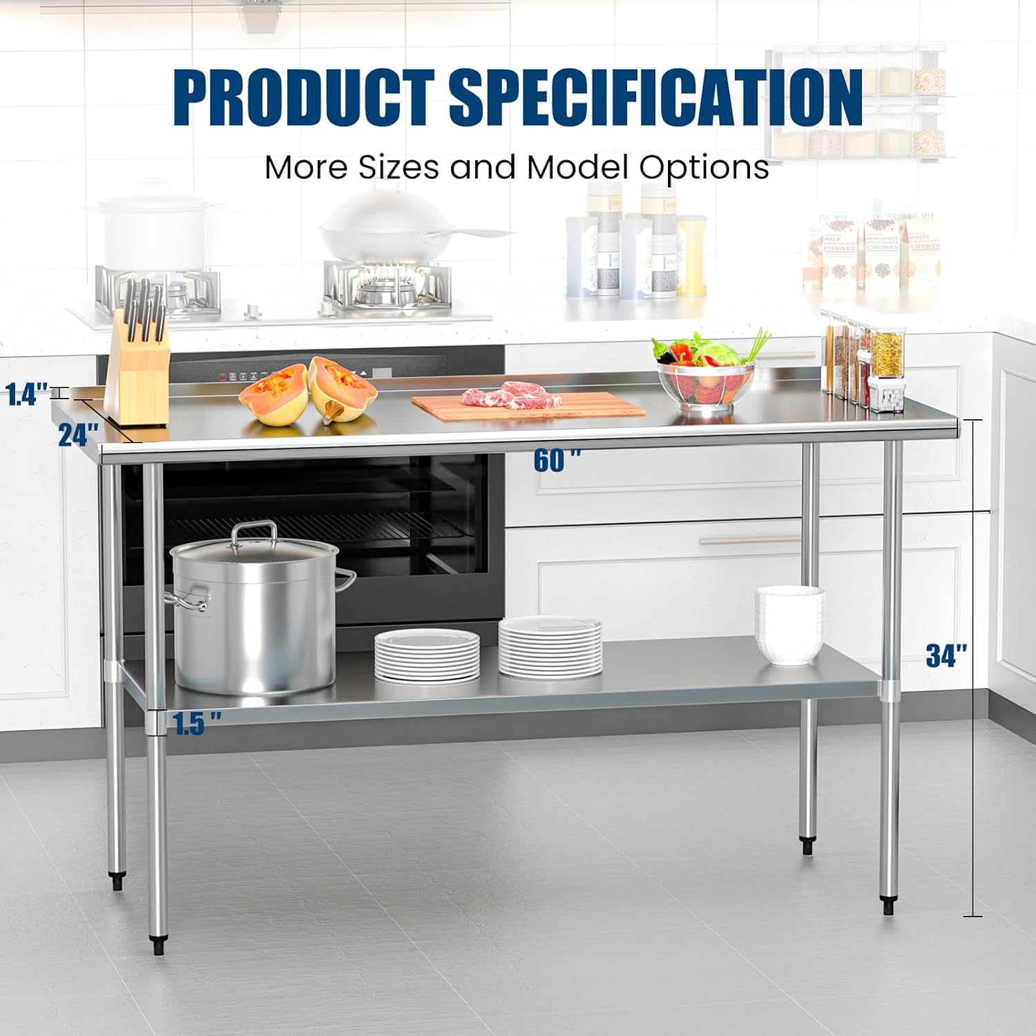 60" Stainless Steel Work Table with Galvanized Undershelf and Backsplash