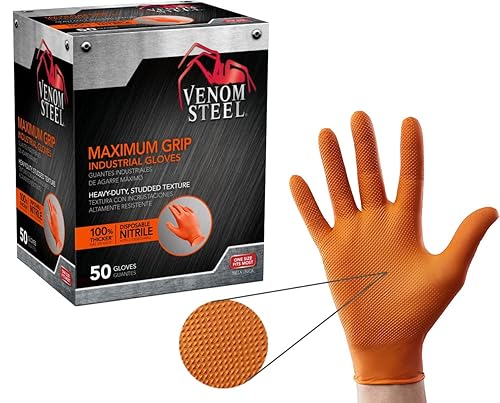 Venom Steel Guantes de nitrilo naranja, 8 mil de grosor, 50 unidades, guantes desechables texturizados de máximo agarre, resistentes a pinchazos y