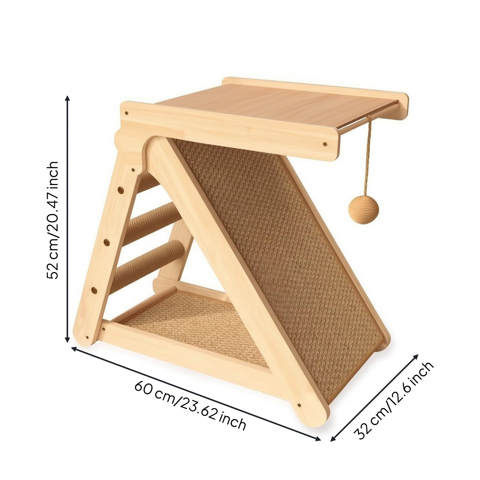 rockible Rascador con Rampa Sisal Seguro Escalador Vertical Mueble para s, 52cm X 60cm X 32cm, Rascador De Madera Maciza con Plataforma De Salto, 60cm X 32cm X 52cm
