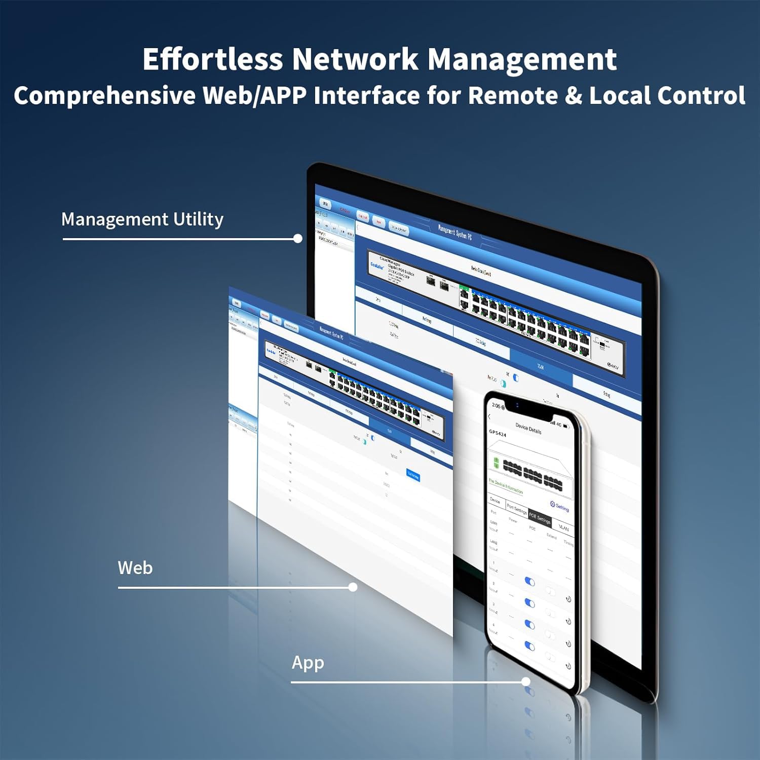 Goalake Conmutador PoE Gigabit de 24 puertos con Cloud Management | 360 W, 802.3af/at, 2 SFP, VLAN | Control vía App, reinicio en la nube, alcance 250 m | para redes profesionales