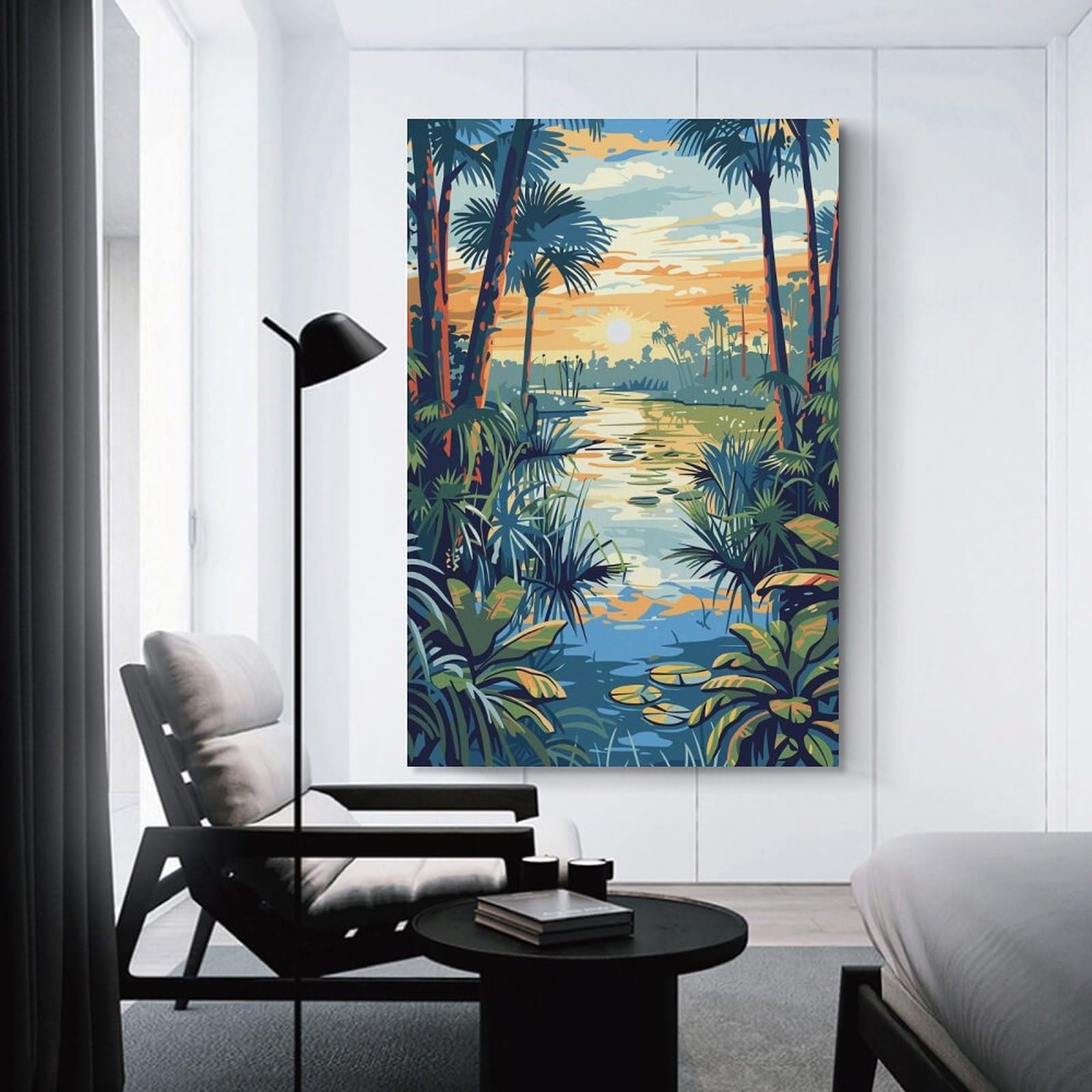 Junmoney Tropical River Landscape at Sunset Canvas Wall Decor, 12x18inch(30x45cm), for Art Walls, Layered Displays Or Homes, Home Wall Art for Statement Displays