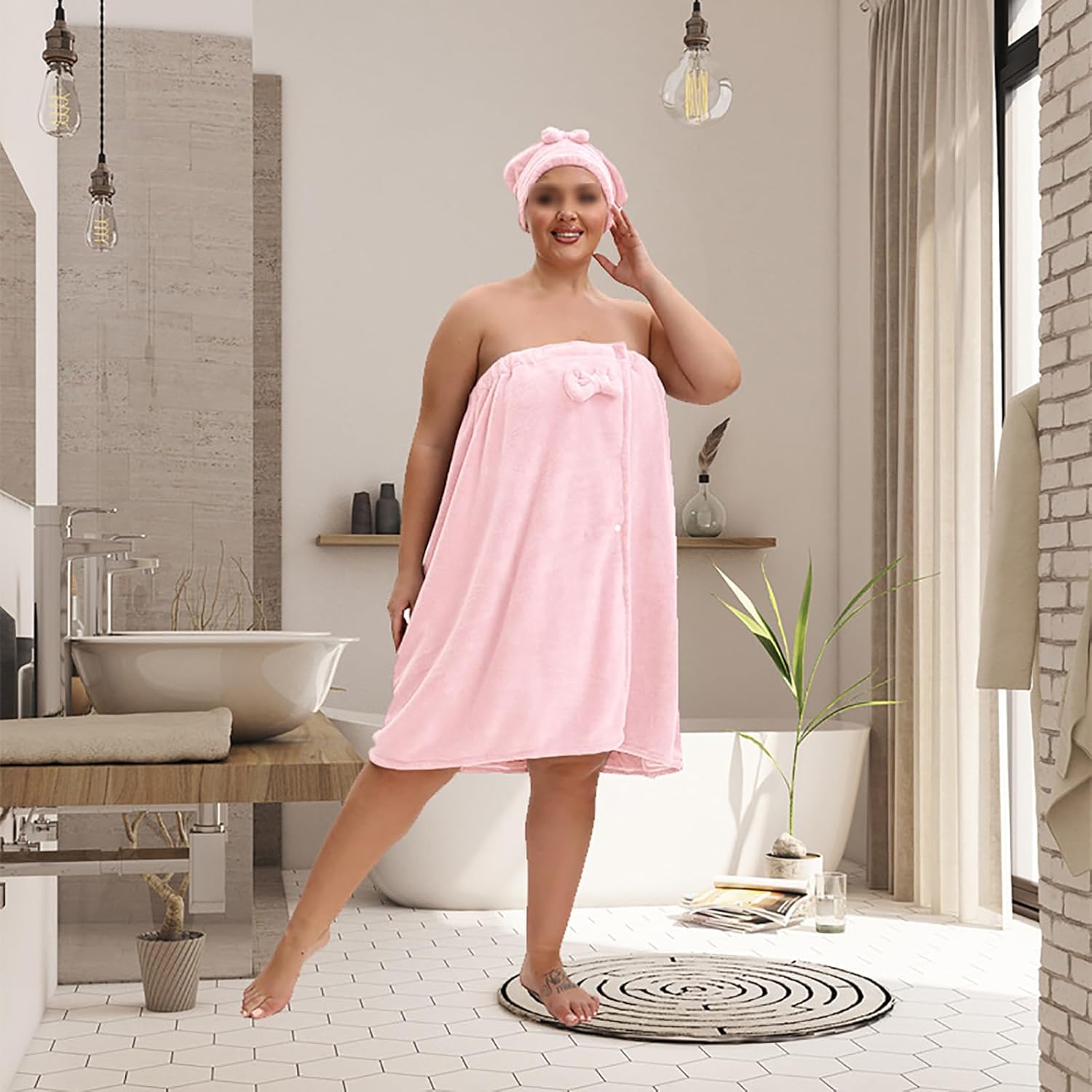 Plus Size Adjustable Bath Skirt & Quick-Dry Cap Set, Soft Coral Fleece Bath Wrap with Bow Decoration & Secure Non-Slip Closure(Bath Skirt + Hat, White)