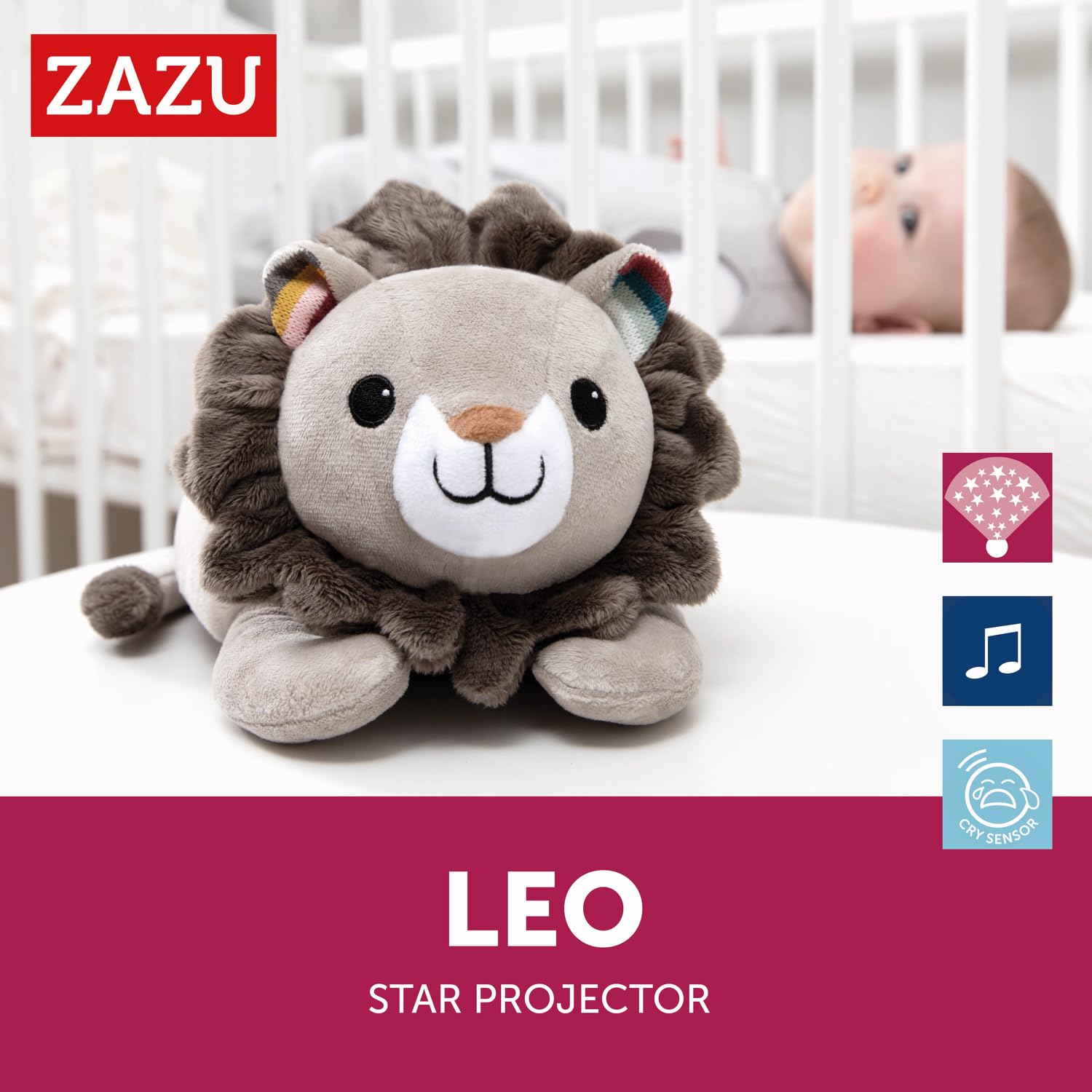 ZAZU Projektor Leo The Lion, projektor światła dla niemowląt z kojącymi melodiami (dźwięk bicia serca, dźwięki natury lub muzyka wypoczynkowa), czujnik płaczu, automatyczne wyłączanie, nadaje się do