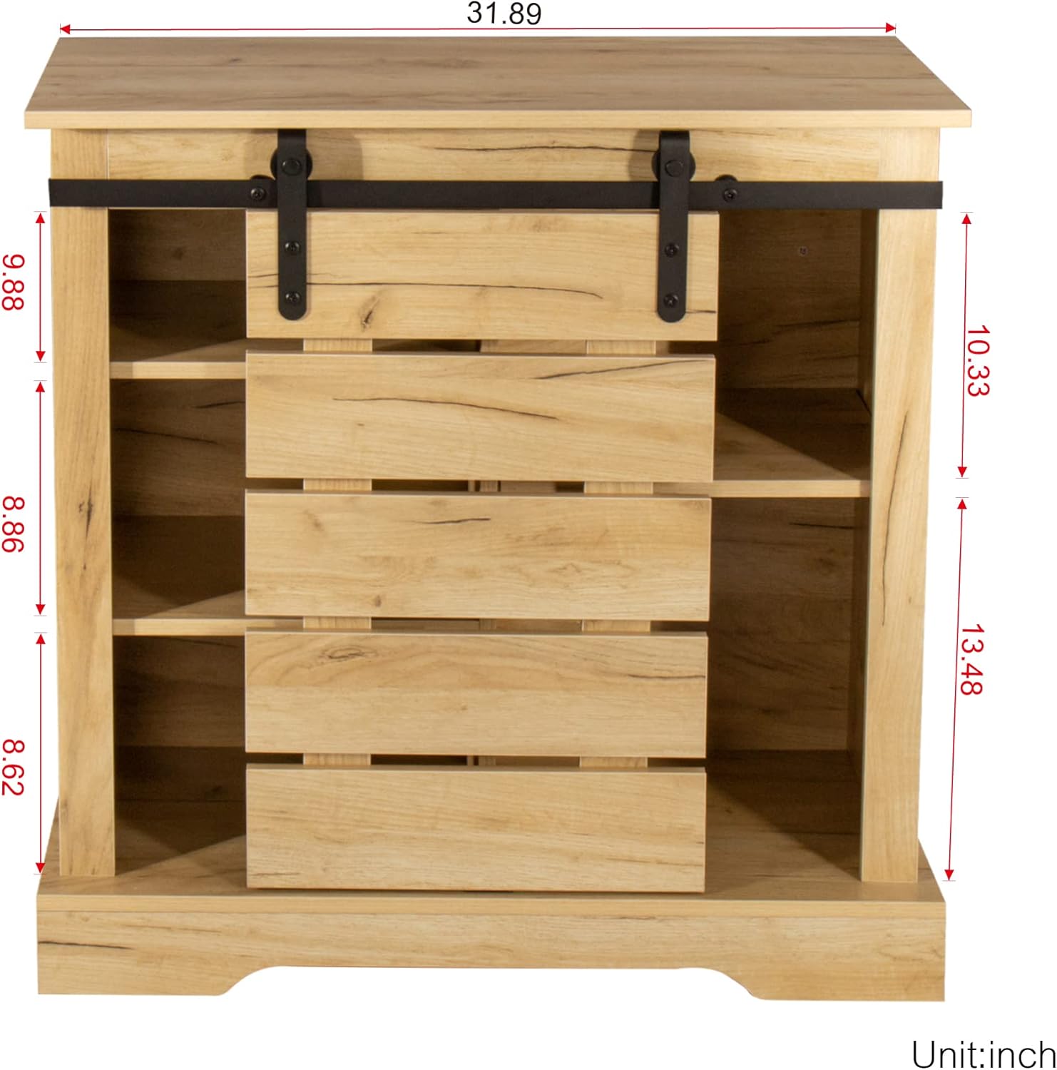 Rustic Barn Door Style Side Cabinet Buffet Sideboard - Compact Storage Cabinet with Sliding Barn Door and Interior Shelves (Light Brown)