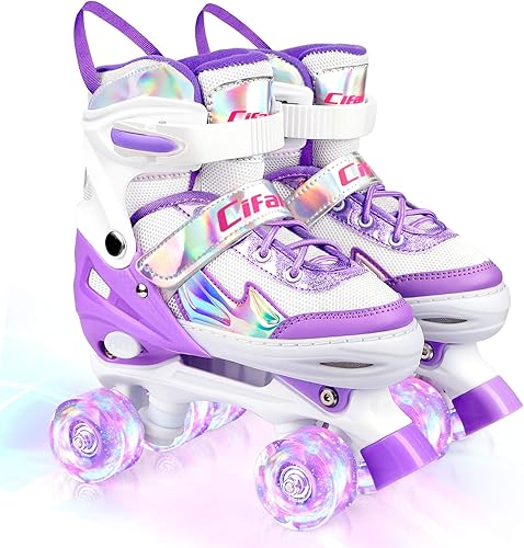 Patines para niñas y niños, negro, rosa, morado, 4 tamaños, ajustables, con ruedas iluminadas y diseño superior brillante, patines para niños