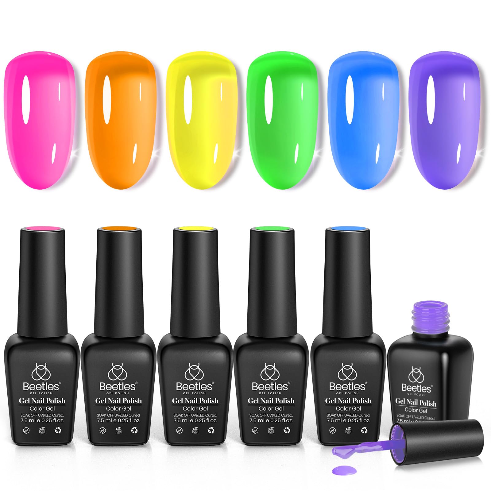 Beetles Neon Gel Nail Polish Set, 6 Summer Colors Jelly Gel Polish Kit Pink Orange Yellow Blue Green Purple Sheer Transluc...