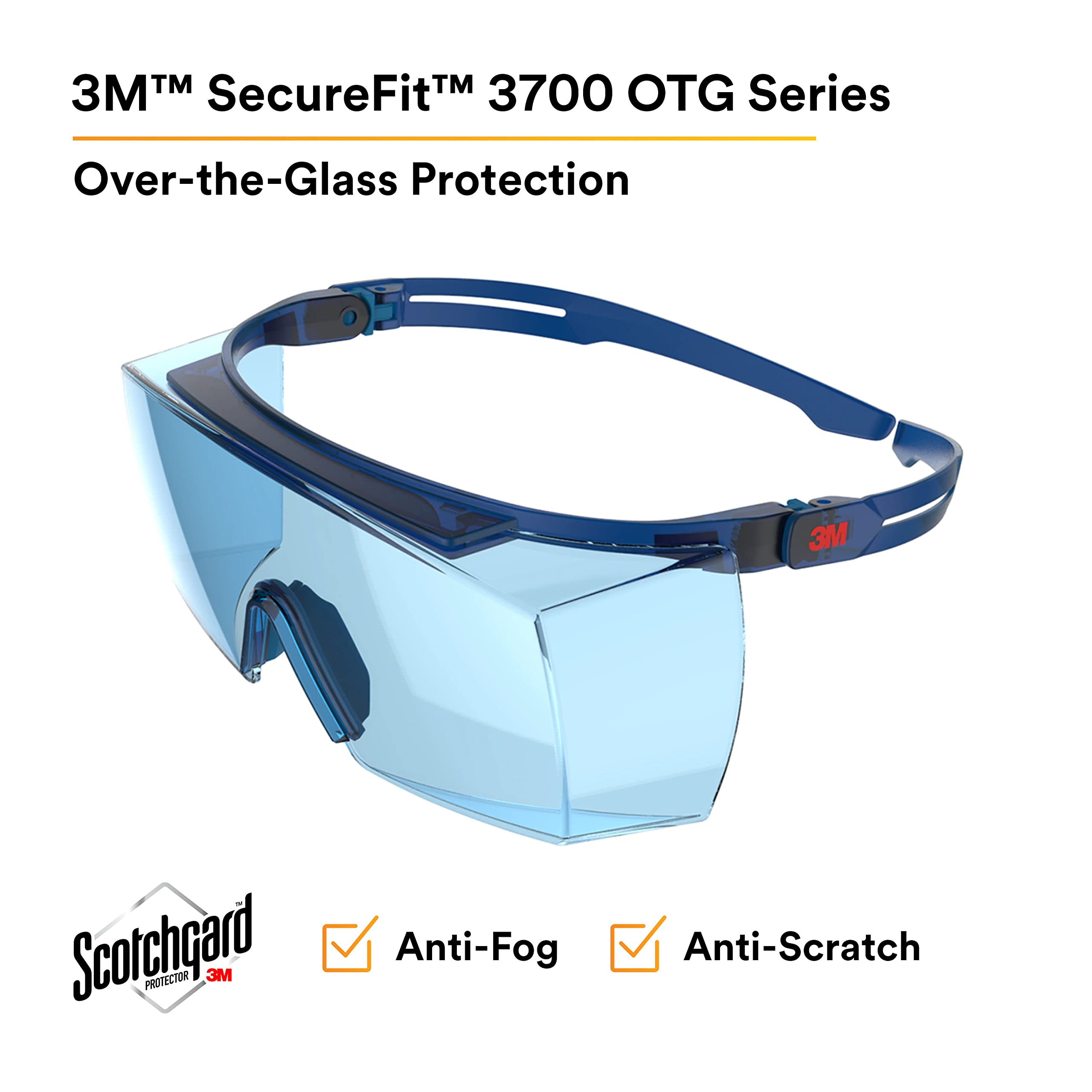3M SecureFit 3700 Series, SF3704SGAF-BLU, Blue Temples, Scotchgard Anti-Fog Coating, Light Blue OTG AF-AS Lens