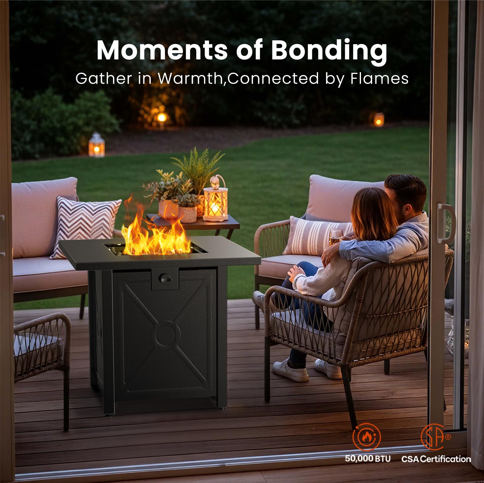 R.W.FLAME Chimenea para exterior de 28 pulgadas cuadrada de metal para fogatas – Mesa de propano con rocas de lava, cuenco de acero para picnic, chimenea de jardín de patio hoguera, 40000 BTU
