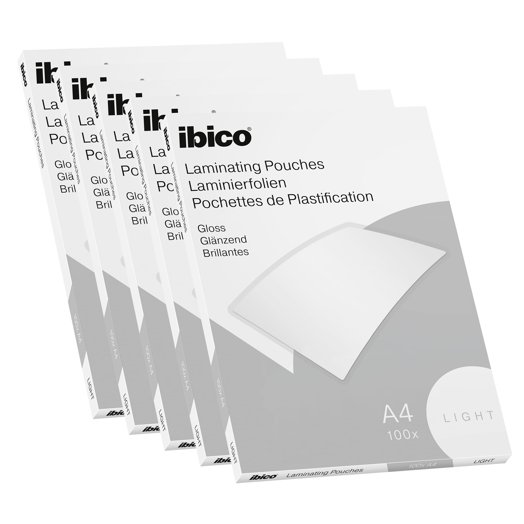 Ibico Basics 399990067 pokrowiec do laminowania na gorąco, rozmiar A4, lekka grubość, wysoka ochrona dokumentów i trwałość, 5 opakowań po 100 sztuk, błyszczące wykończenie, przezroczysty
