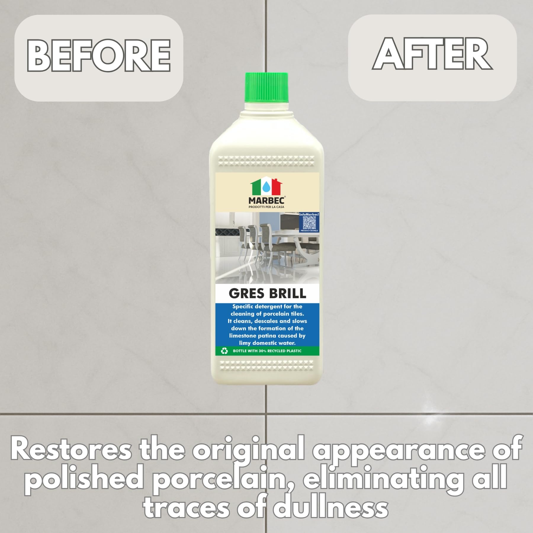 MARBEC GRES BRILL 5LT Detergente específico para la limpieza de gres porcelánico. Limpia, desincrusta y ralentiza la formación de cal causada por el agua doméstica.