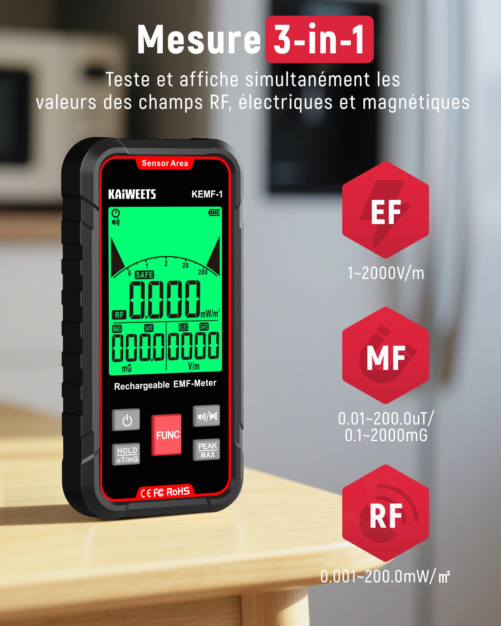 KAIWEETS Appareil de Mesure EMF Affichage Simultané des Données EF/MF/RF Écran LED Port de Charge de USB C Portable pour la Maison, le Bureau et l'extérieur