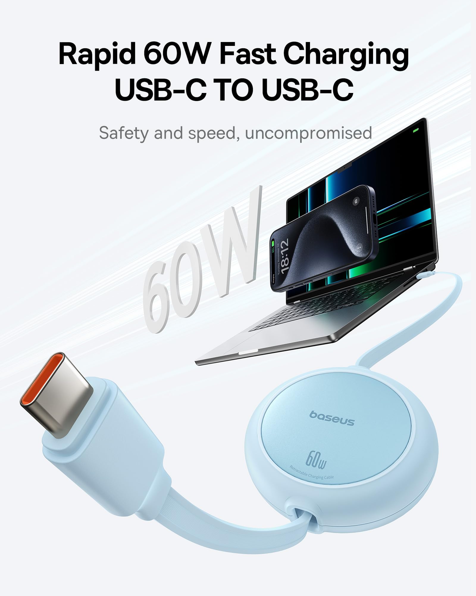 Baseus Cavo USB C, 60 W PD 5 A QC 4.0 Mini retrattile, cavo di ricarica rapida da USB C a USB C, lunghezza a 4 livelli, cavo di ricarica USB C preimpostato per iPhone 15 Samsung ipad, facile da