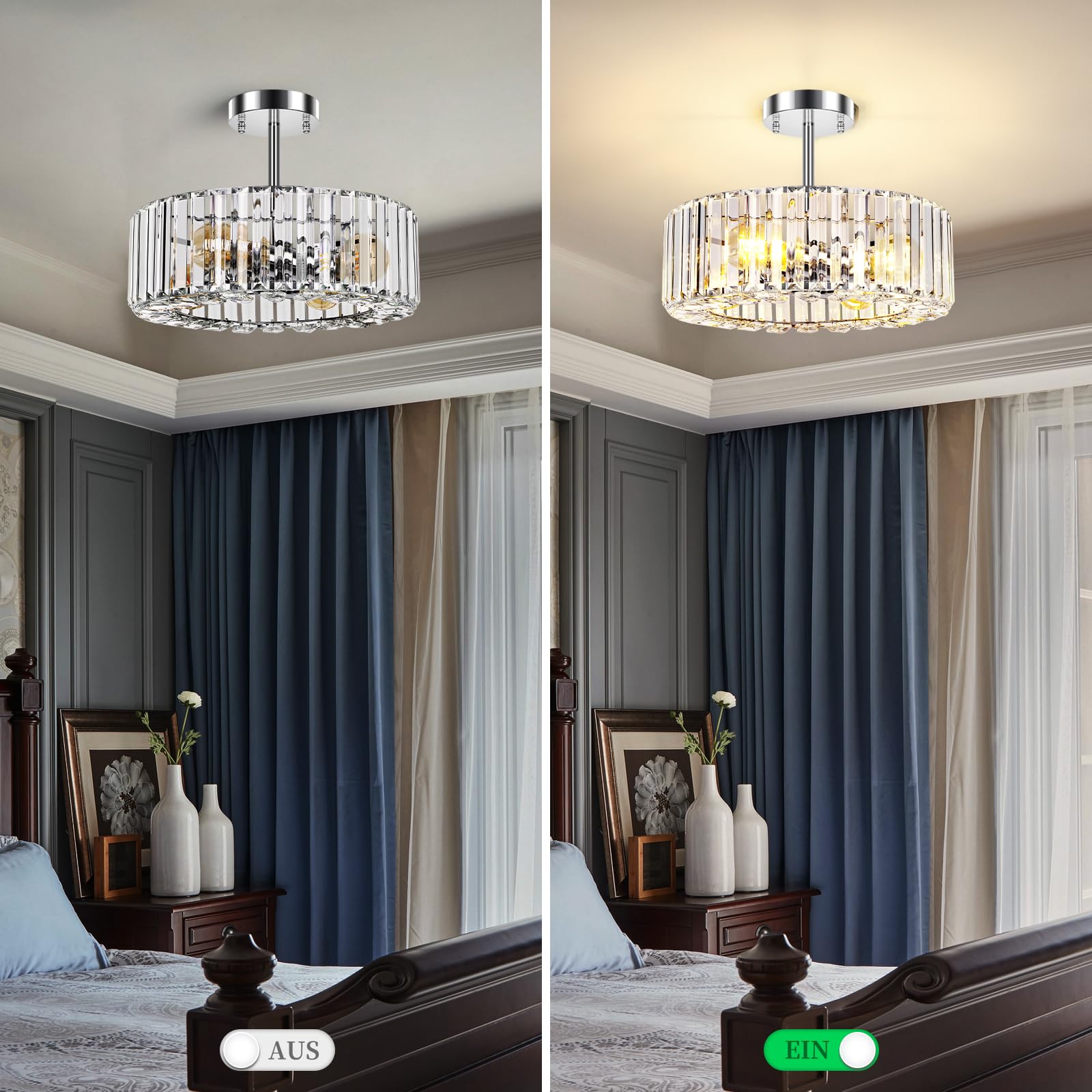 FRIDEKO HOME Moderna plafoniera in cristallo cromato, 4 fiamme grande lampadario rotondo cristallo paralume metallo soffitto E27 per camera da letto, soggiorno, sala da pranzo, cucina, corridoio, Ø37