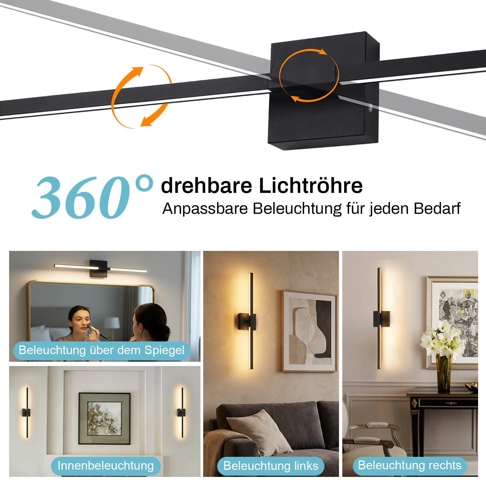 Akku Wandleuchte Innen Schwarz 10000mAh,80cm Wiederaufladbar Wandlampe,3 Farbtemperaturen Dimmbar,Moderne Kabellose Leuchte mit Fernbedienung,360°Drehbar & Timer für Schlafzimmer & Wohnzimmer