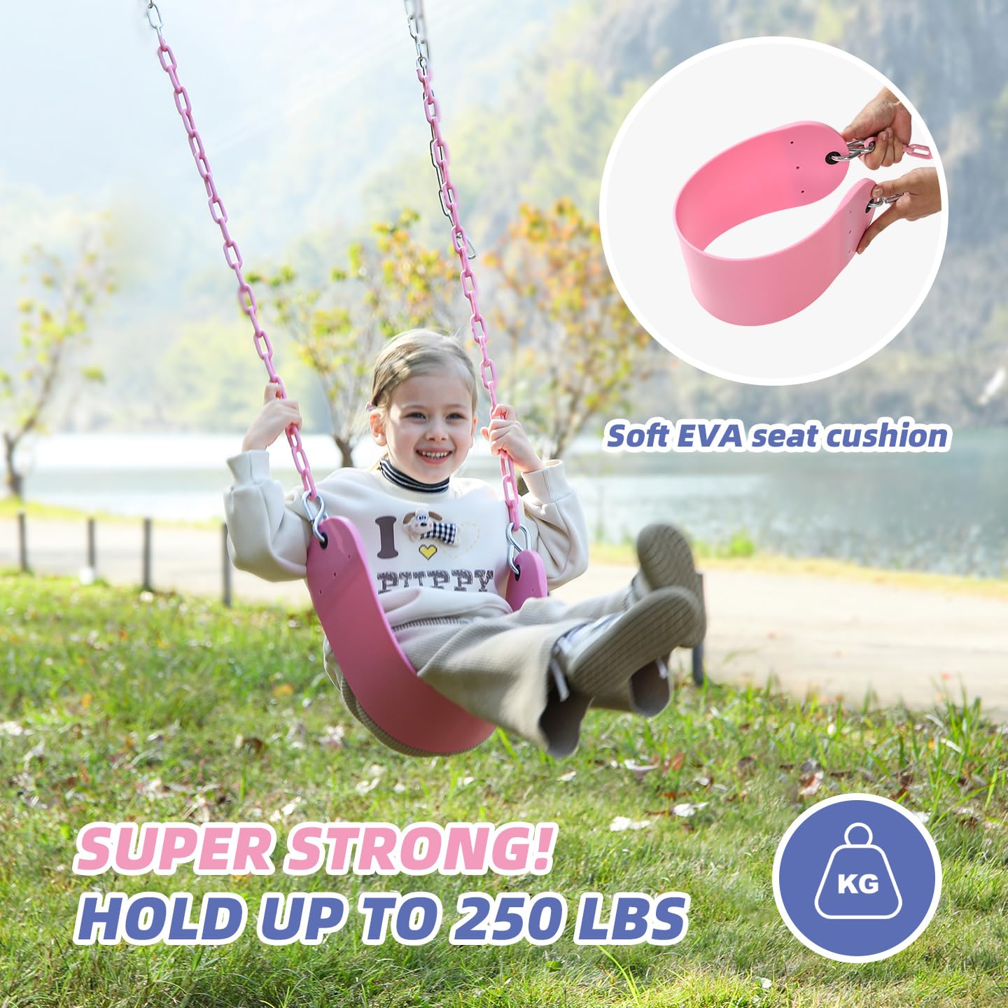 Pink Swing Seat - Heavy Duty Chain Plastic Coated - Playground Swing Set Accessories Replacement Gift Box Set Birthday Gift