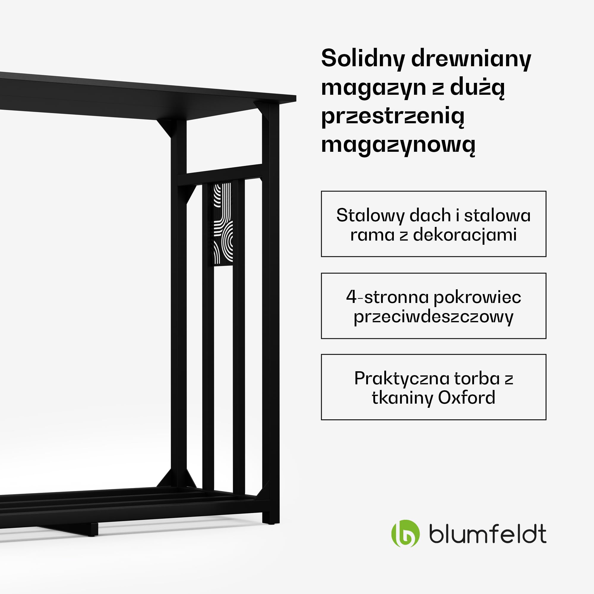 Blumfeldt Valdivian Stojak na drewno kominkowe – 2,3 m³ metalowy stojak z stalowym dachem i osłoną przeciwdeszczową, Solidny magazyn na drewno wewnątrz, Odporny na warunki, W zestawie torba na