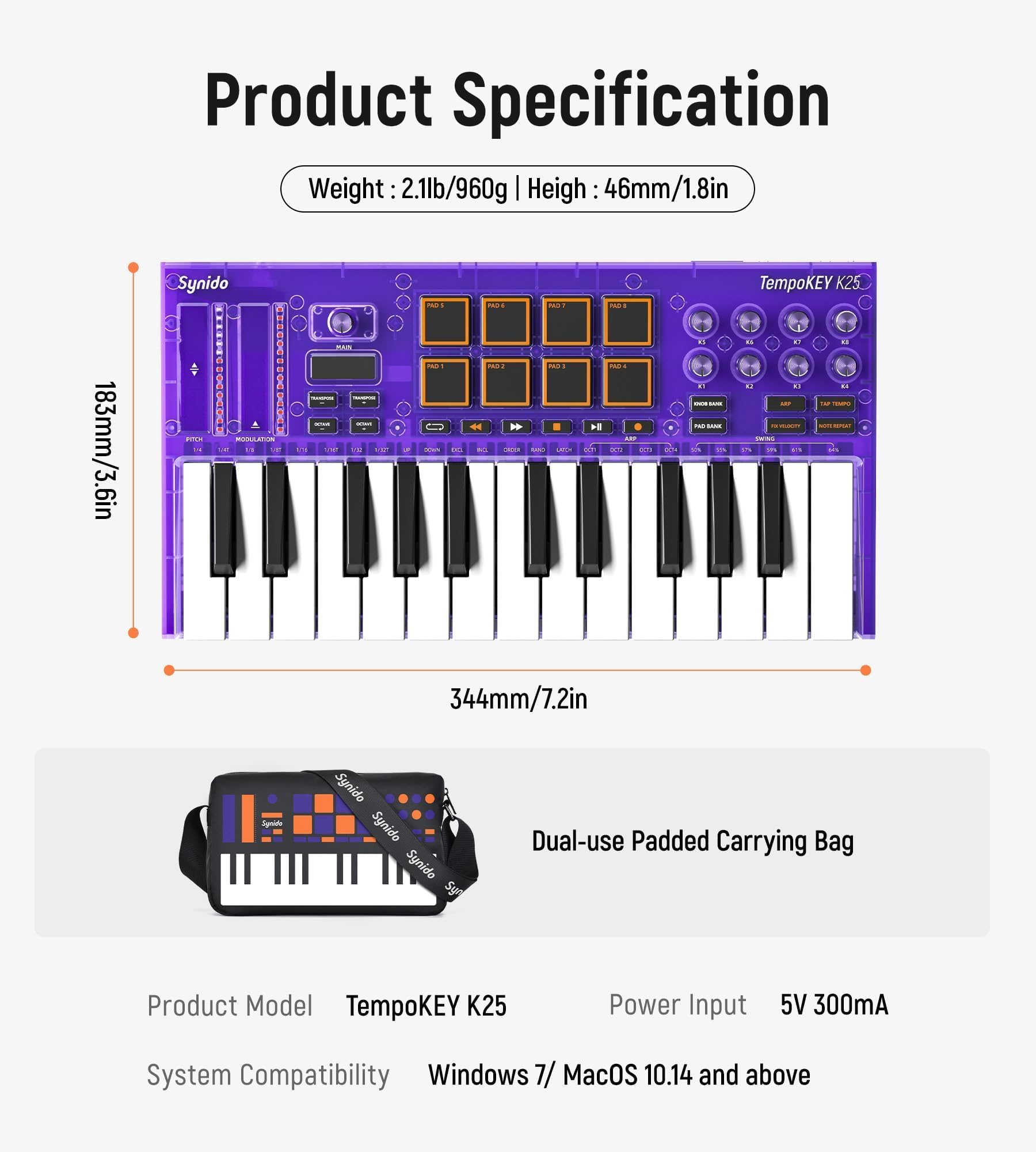 Synido TempoKEY K25 - Tastiera MIDI USB C con 25 tasti con 8 drum pad retroilluminati, schermo OLED, mini tastiera MIDI portatile per produzione musicale, colore: viola
