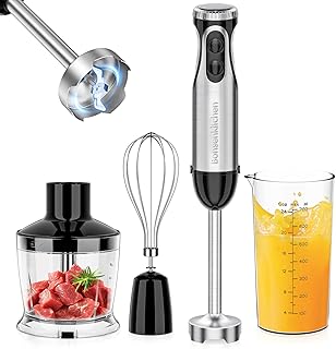 Bonsenkitchen Immersion Blender, 20 Variable Speeds & Turbo, 4-In-1 Stainless Steel Handheld Blender Stick Mixer with Egg Whisk, Beaker & Chopper Bowl