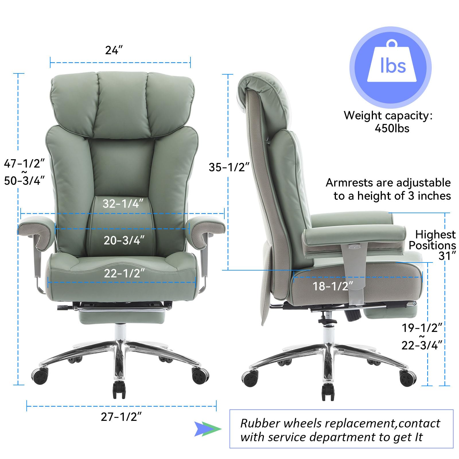 Efomao Big and Tall Green Office Chair 450LBS Ergonomic High-Back Executive Chair with Footrest Adjustable Padded Armrests PU — view 3