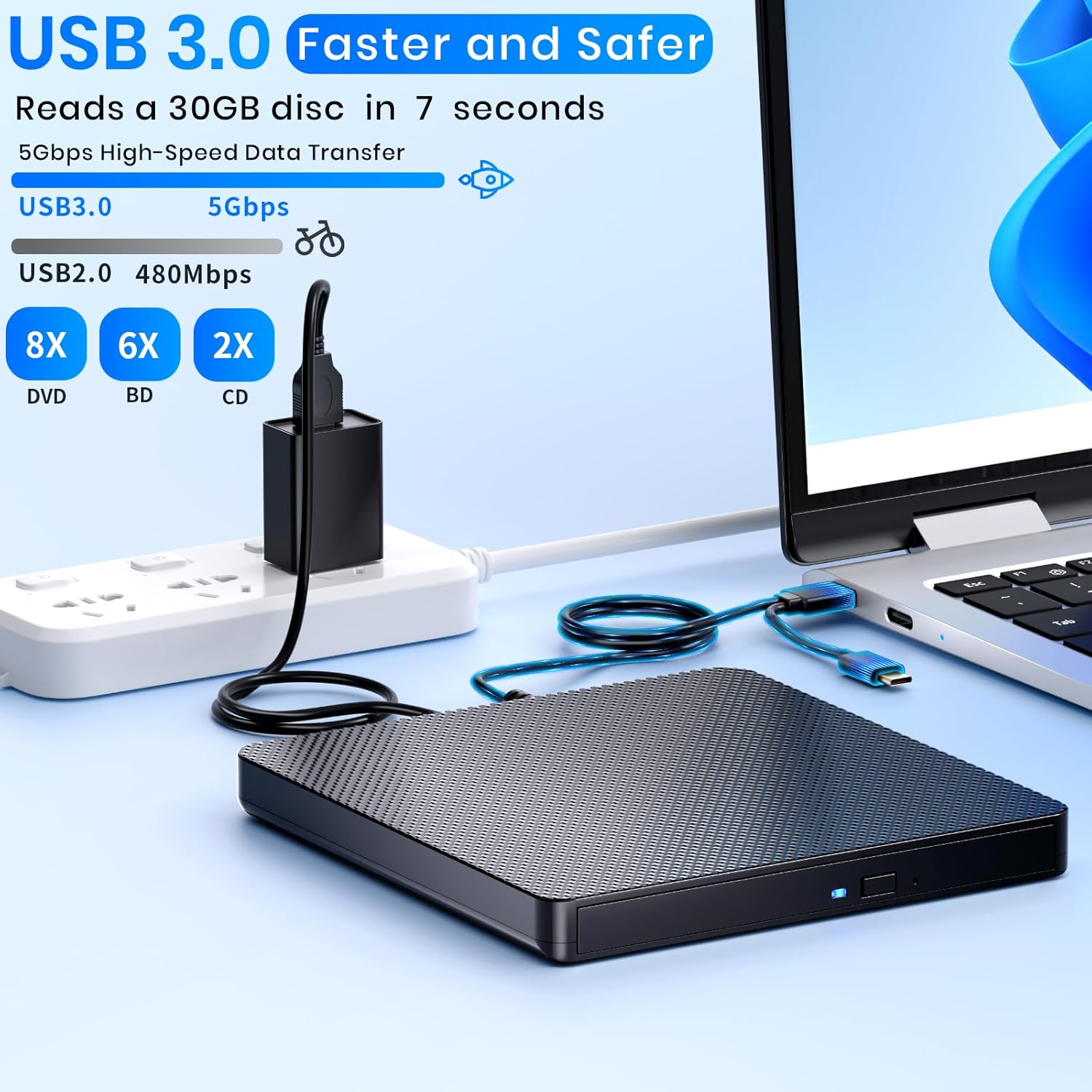 External Blu ray Drives Player Read/Write Compatible Bluray Burner USB 3.0 / Type-C BD DVD CD Burner Blu ray Player for pc, Windows 7-11 & Mac（Black）