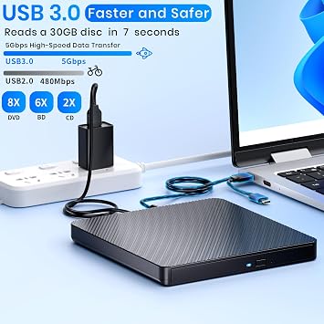 外付けブルーレイドライブ プレーヤー 読み取り/書き込み対応 ブルーレイバーナー USB 3.0 / Type-C BD/DVD/CD バーナー ブルーレーヤー PC Windows 7-11 & Mac用 ブラック