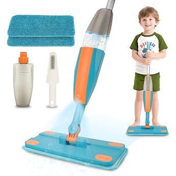 Childrens Spray Mop - Cleaning Toy Set for Toddlers with Real Water Sprayer & 2 Washable Pads - Montessori Cleaning Toy - Interactive Learning Toys for Children from 3 Years