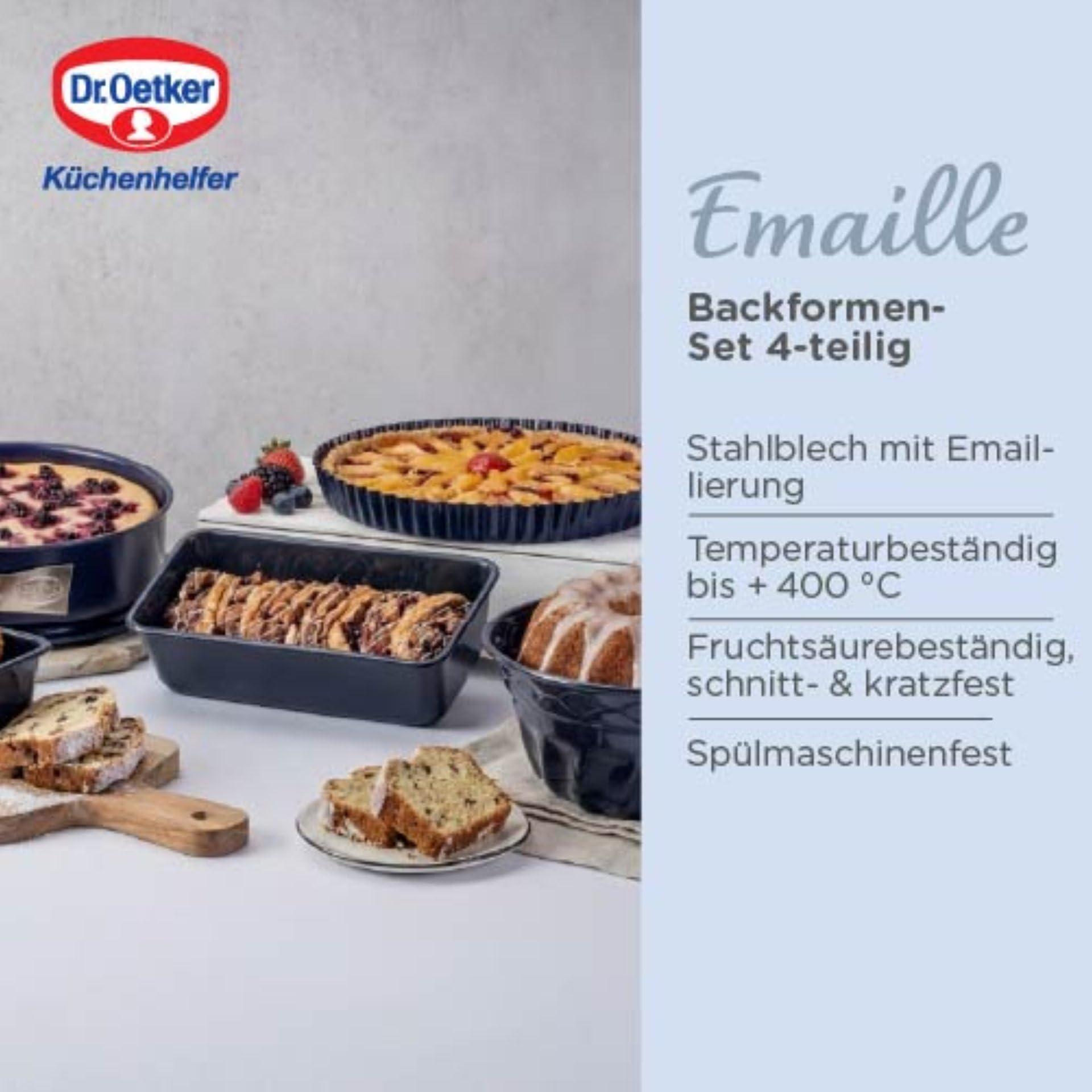Dr. Oetker Back-Liebe Emaille-Set, 4-teilig | hitzebeständig bis 400 °C, schnitt- und kratzfest, hochwertige Backformen aus Emaille, 10 Jahre Herstellergarantie