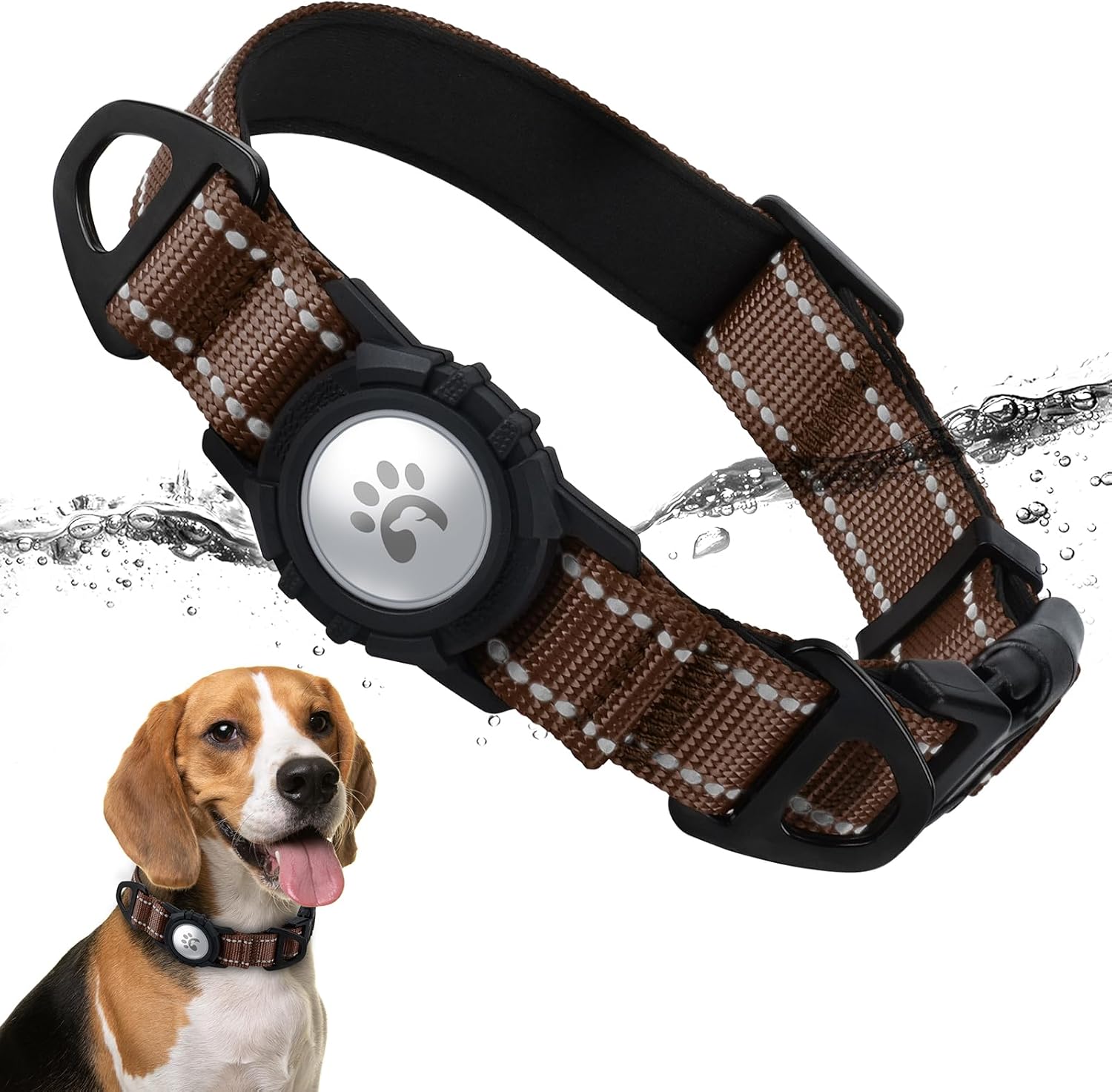 TagME Airtag Canine Collar,Waterproof Reflective Pet Collar with Airtag Holder,Smooth Padded and Double D-Rings for Medium Canine,Brown