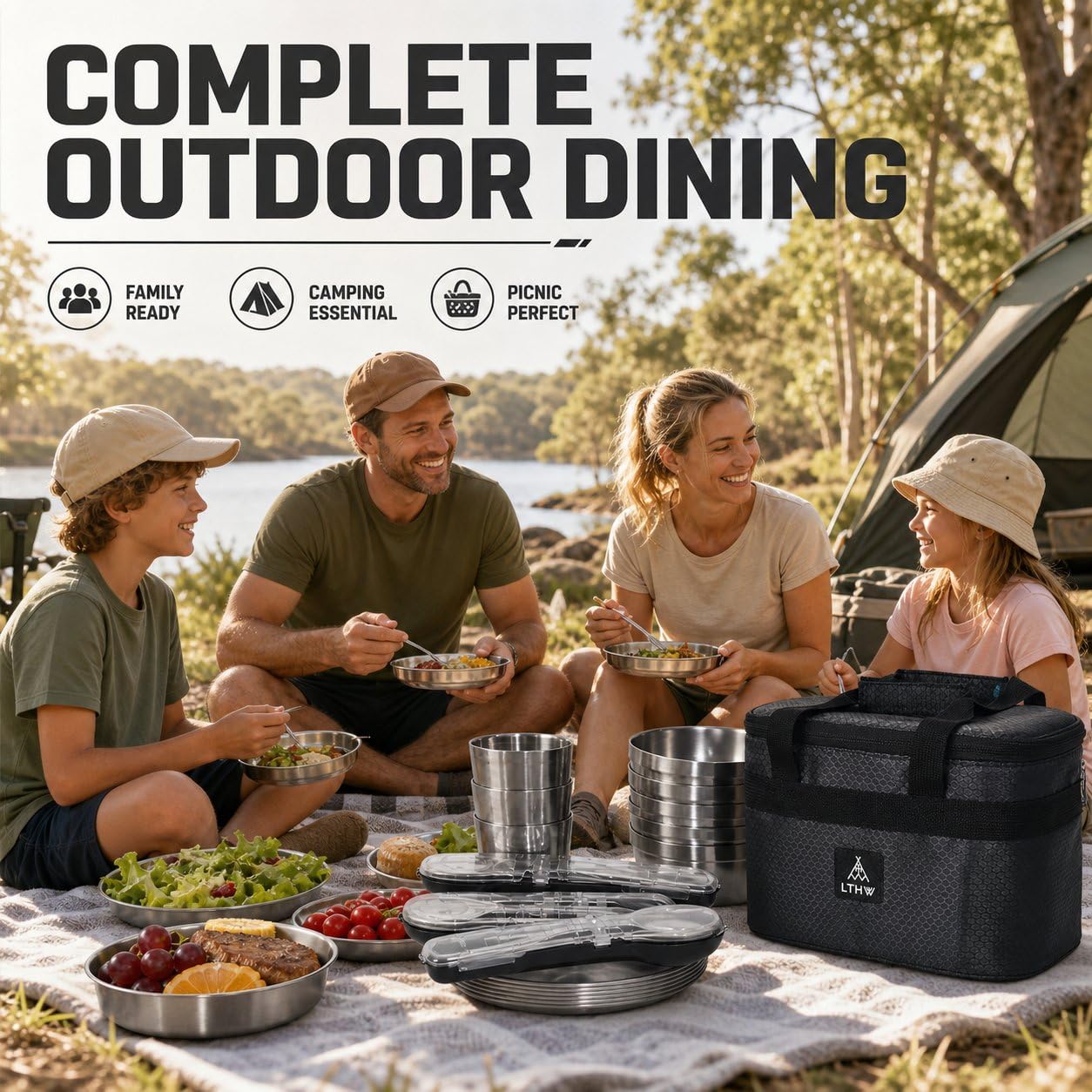 Vajilla Camping Acero Inoxidable 304, Kit Cocina Portátil para 3-4, Set Cubiertos Reutilizables para Picnic, Bolsa Nevera Oxford