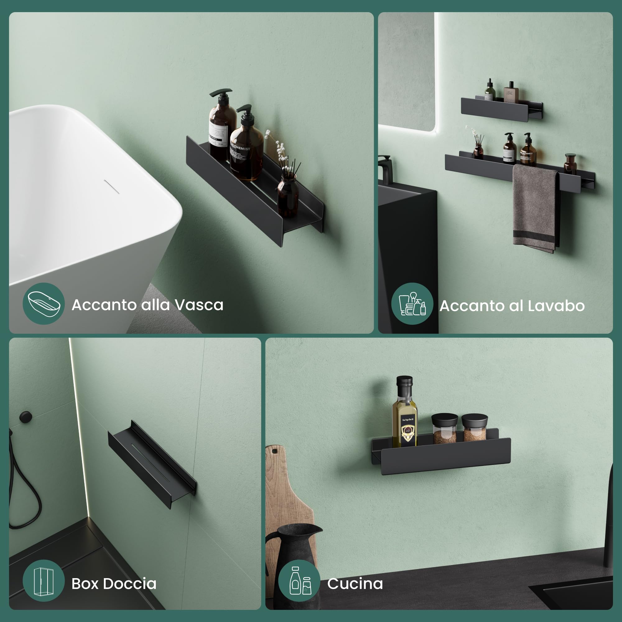 Mai & Mai Mensola da Parete Multifunzionale 40cm, Nero Opaco | Mensola per Doccia, Lega di Alluminio-Magnesio, Antiruggine Mensola da Appendere per Bagno e Cucina, Rimovibile, Reglo-03
