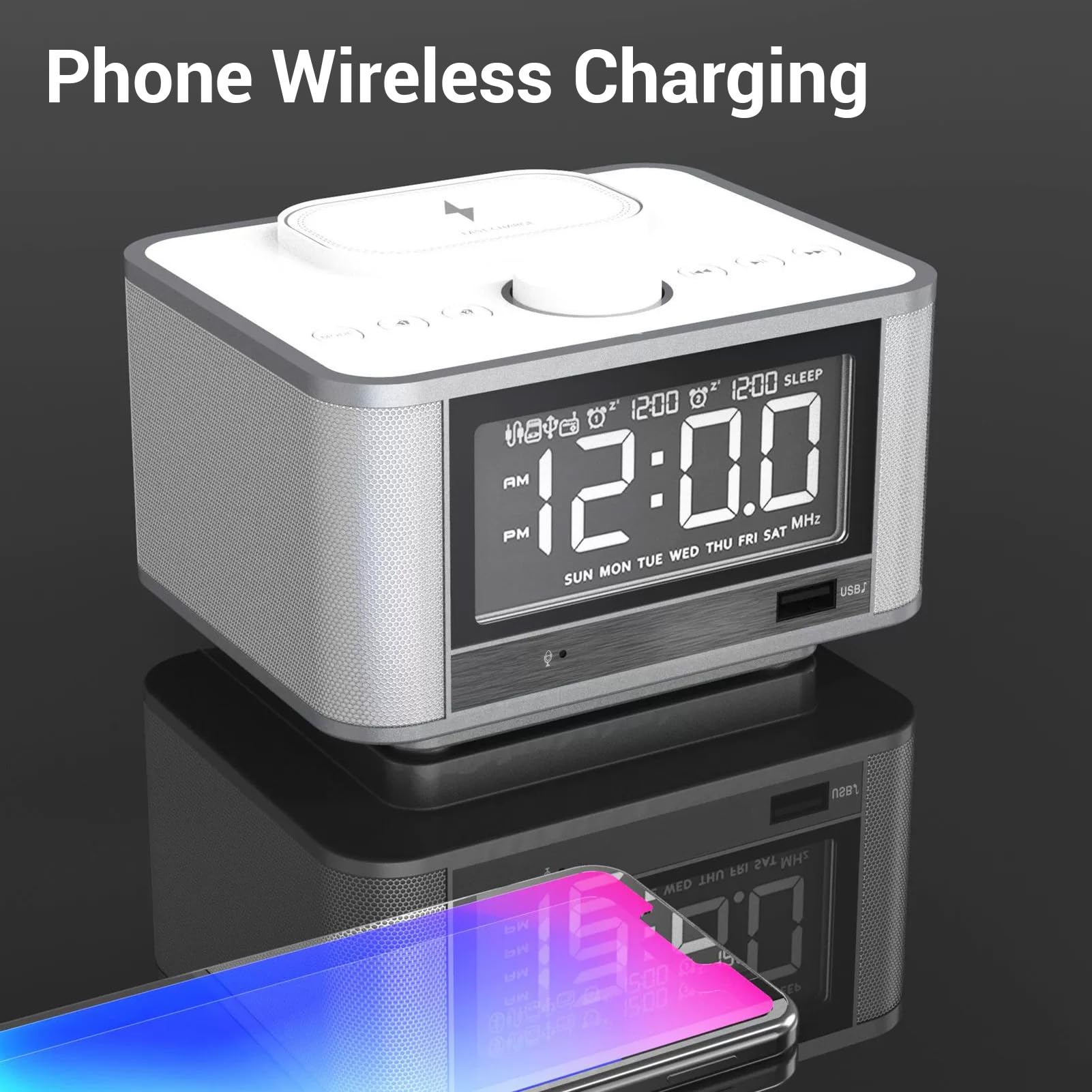 AMONIDA Sveglia con Altoparlante da 5 W, Radio FM con Ricarica Wireless, Display LCD e Porta AUX, per la Camera da Letto 'ufficio Domestico (Spina europea)