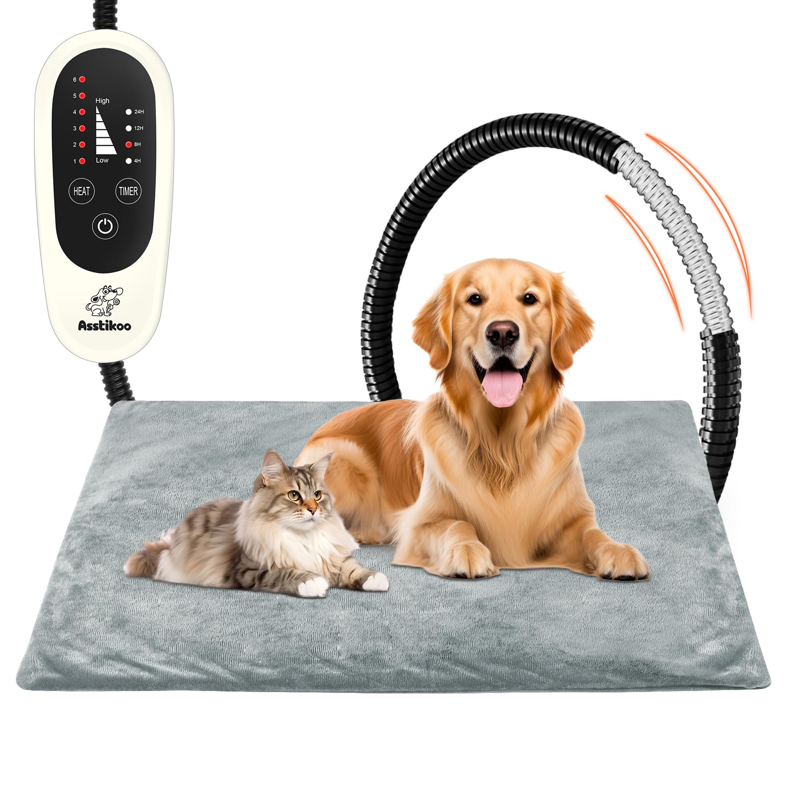 Manta térmica para Gatos y Perros, Almohadilla Eléctrica para Anti-mordida Ajustable Temporizador y Temperatrue con 4 temporizadores y 6 Niveles de Temperatura 30-55 ℃ (L- 70 * 45 cm)