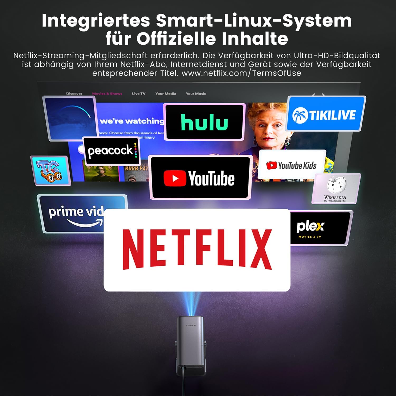 Mini-Beamer 4K heimkino[Kompatibel mit Netflix|Dolby Audio]600ANSI Smart Beamer klein Full HD 1080P Auto Fokus/Vertikale Trapezkorrektur 360° Drehbar WiFi6 Bluetooth iWIMIUS Projektor für Home Outdoor